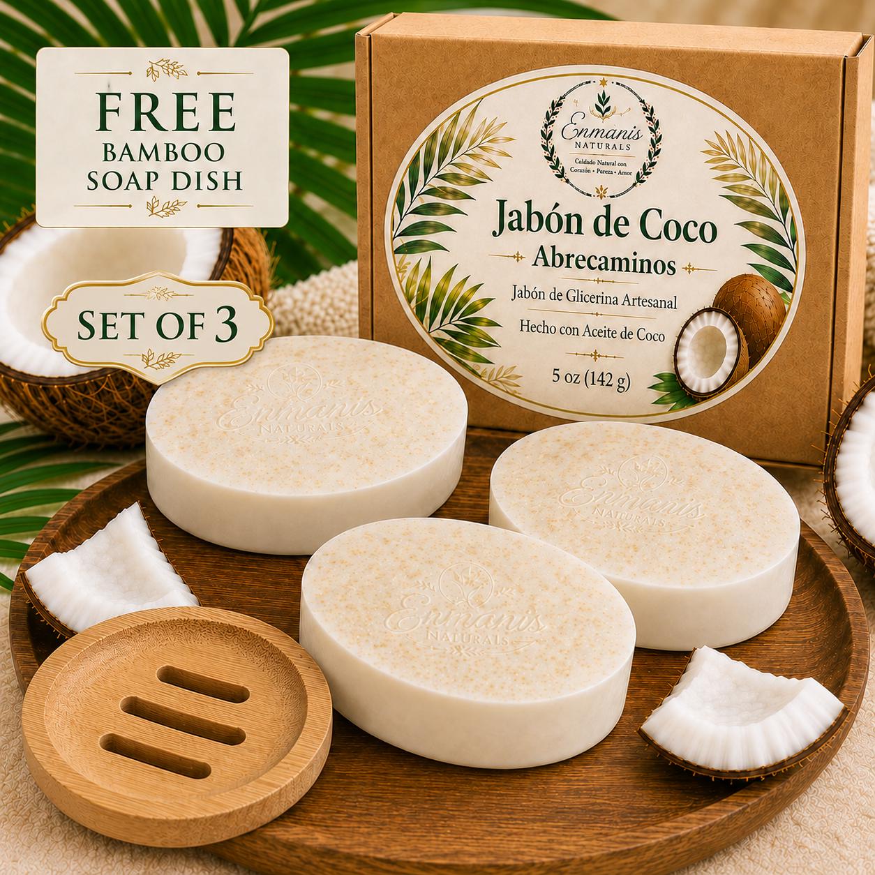 Handcrafted Coconut Bar Soap Set of 3, Natural Glycerin Cleanser, Bamboo Dish