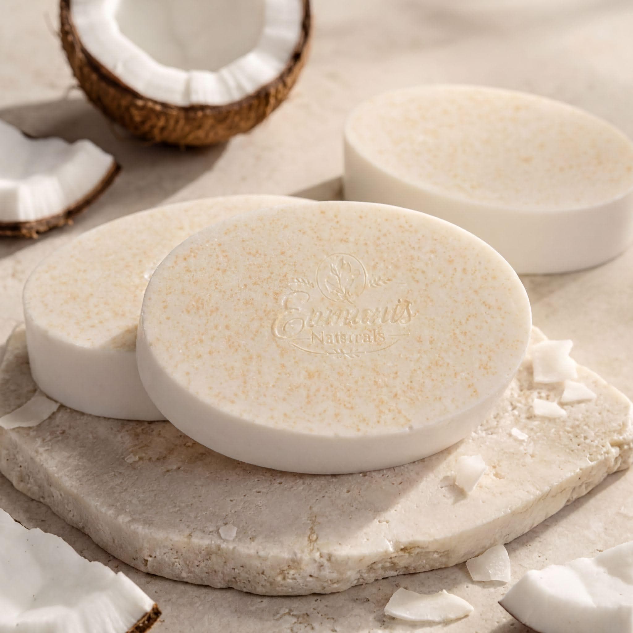 Handcrafted Coconut Bar Soap Set of 3, Natural Glycerin Cleanser, Bamboo Dish