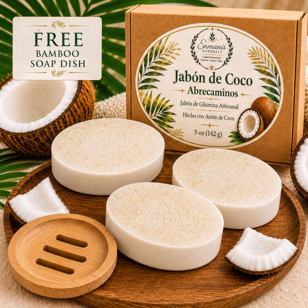 Handcrafted Coconut Bar Soap Set of 3, Natural Glycerin Cleanser, Bamboo Dish