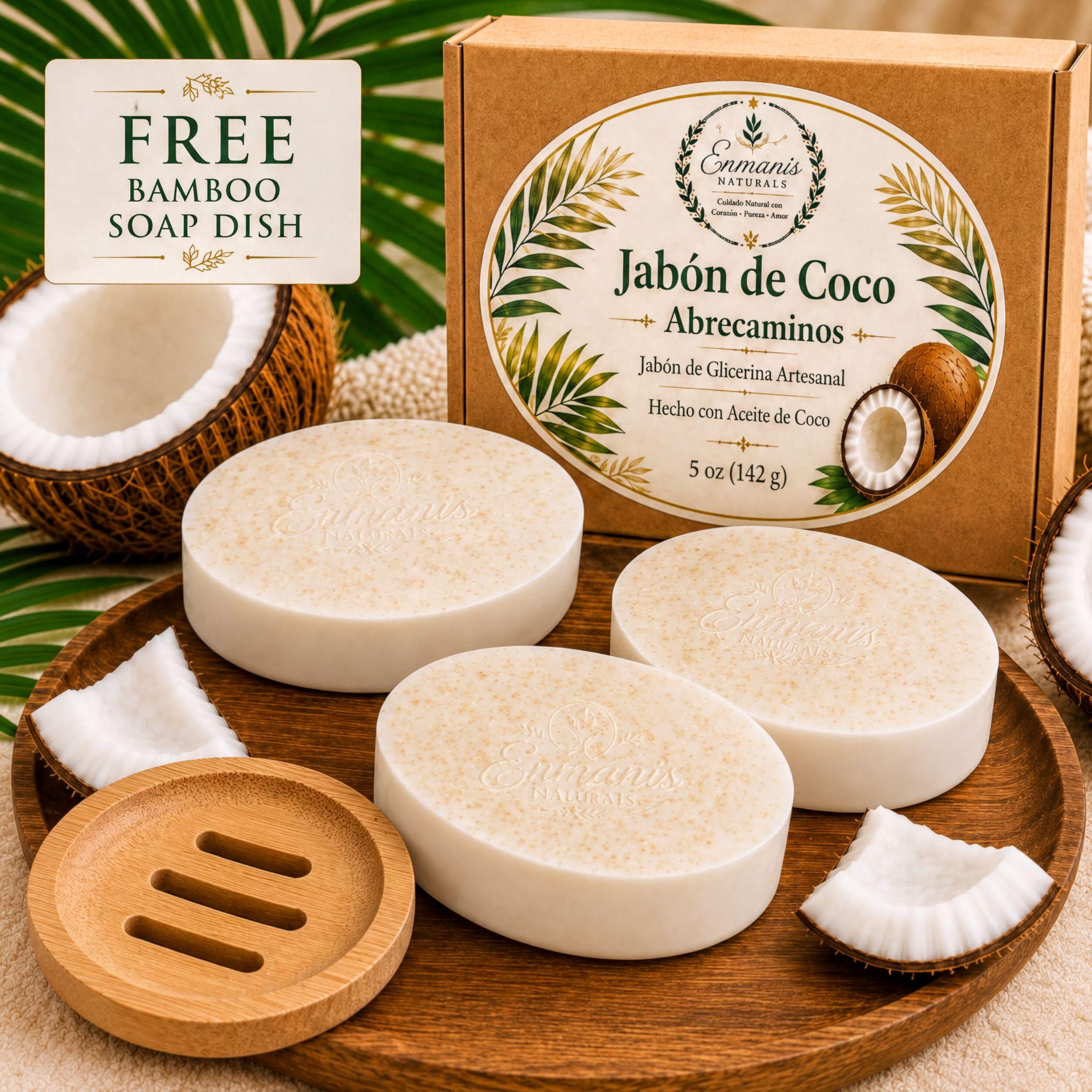 Handcrafted Coconut Bar Soap Set of 3, Natural Glycerin Cleanser, Bamboo Dish