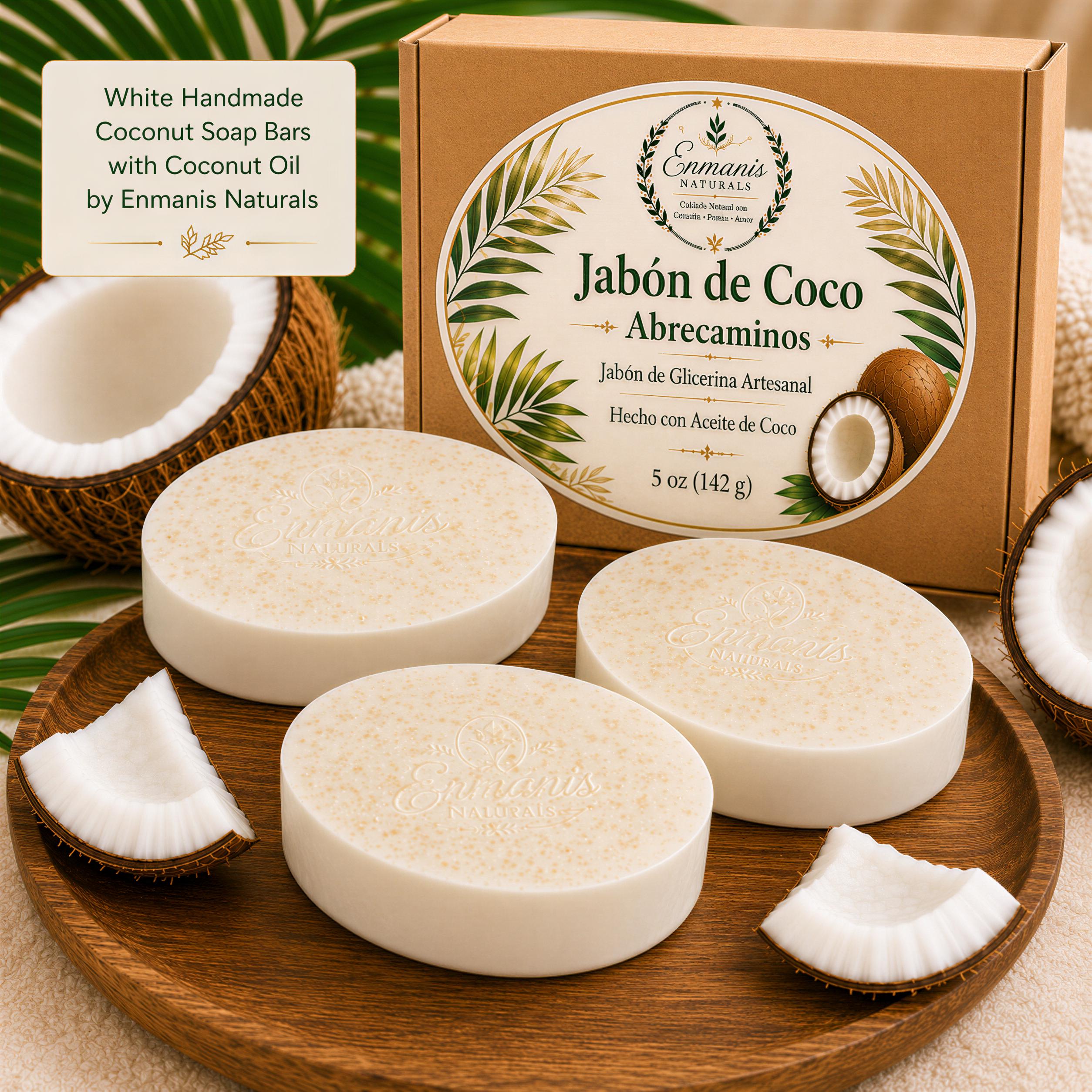 Handcrafted Coconut Bar Soap Set of 3, Natural Glycerin Cleanser, Bamboo Dish