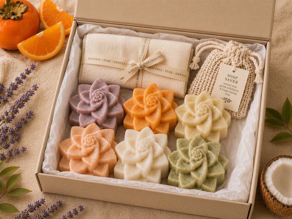 Flower Soap Gift Set of 6, Lavender Orange Rice Persimmon Coconut Green Tea, Guest Bathroom Soaps, Muslin Cloth & Soap Saver