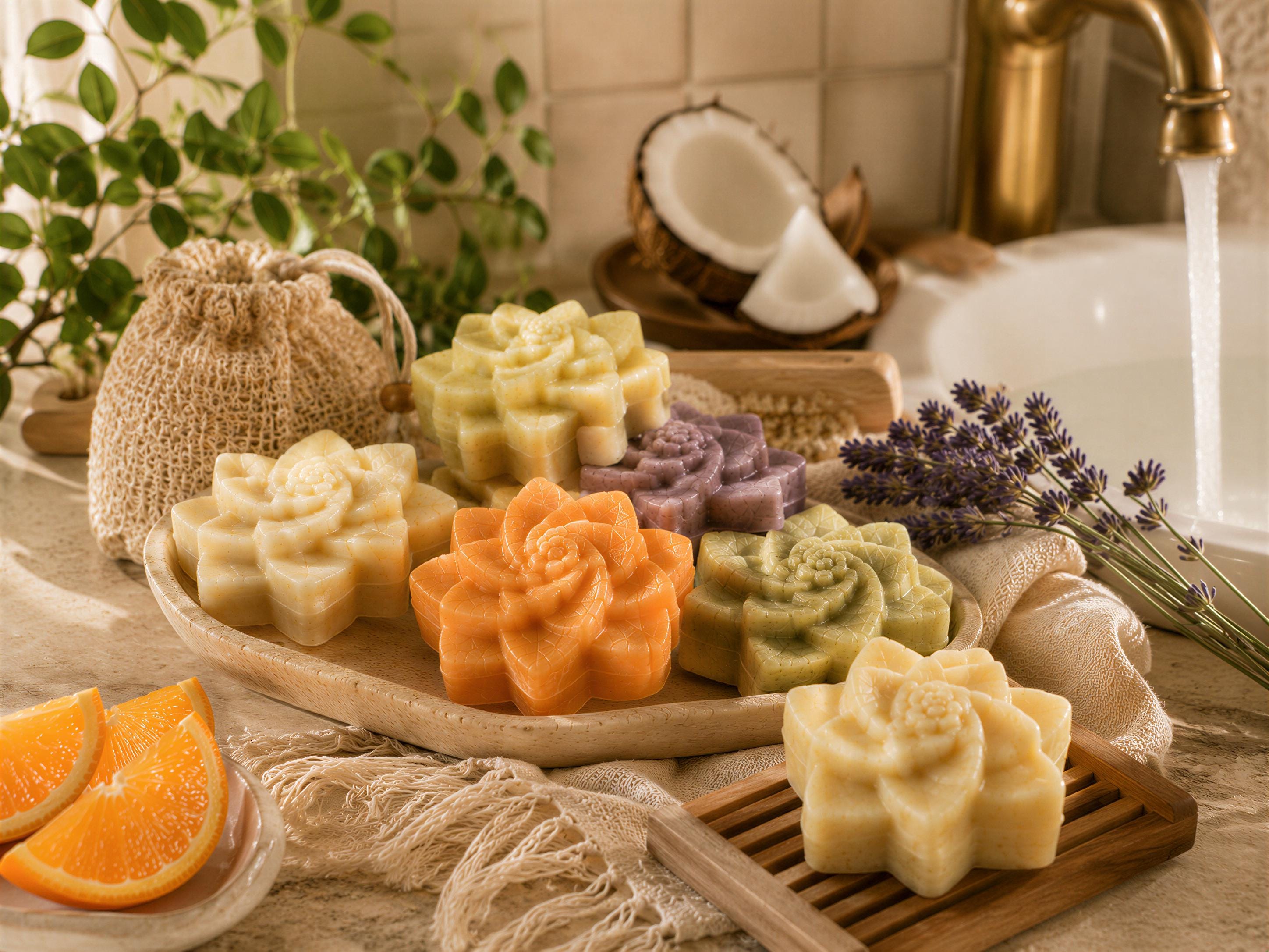 Flower Soap Gift Set of 6, Lavender Orange Rice Persimmon Coconut Green Tea, Guest Bathroom Soaps, Muslin Cloth & Soap Saver