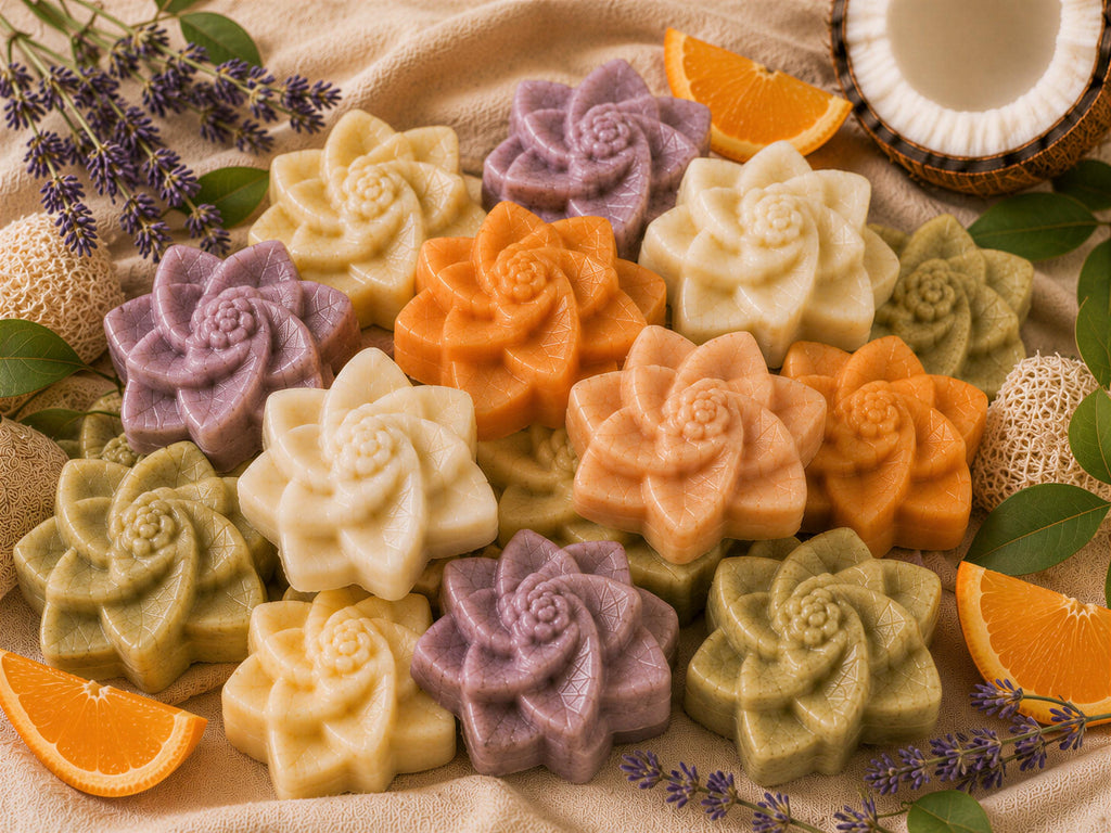 Flower Soap Gift Set of 6, Lavender Orange Rice Persimmon Coconut Green Tea, Guest Bathroom Soaps, Muslin Cloth & Soap Saver
