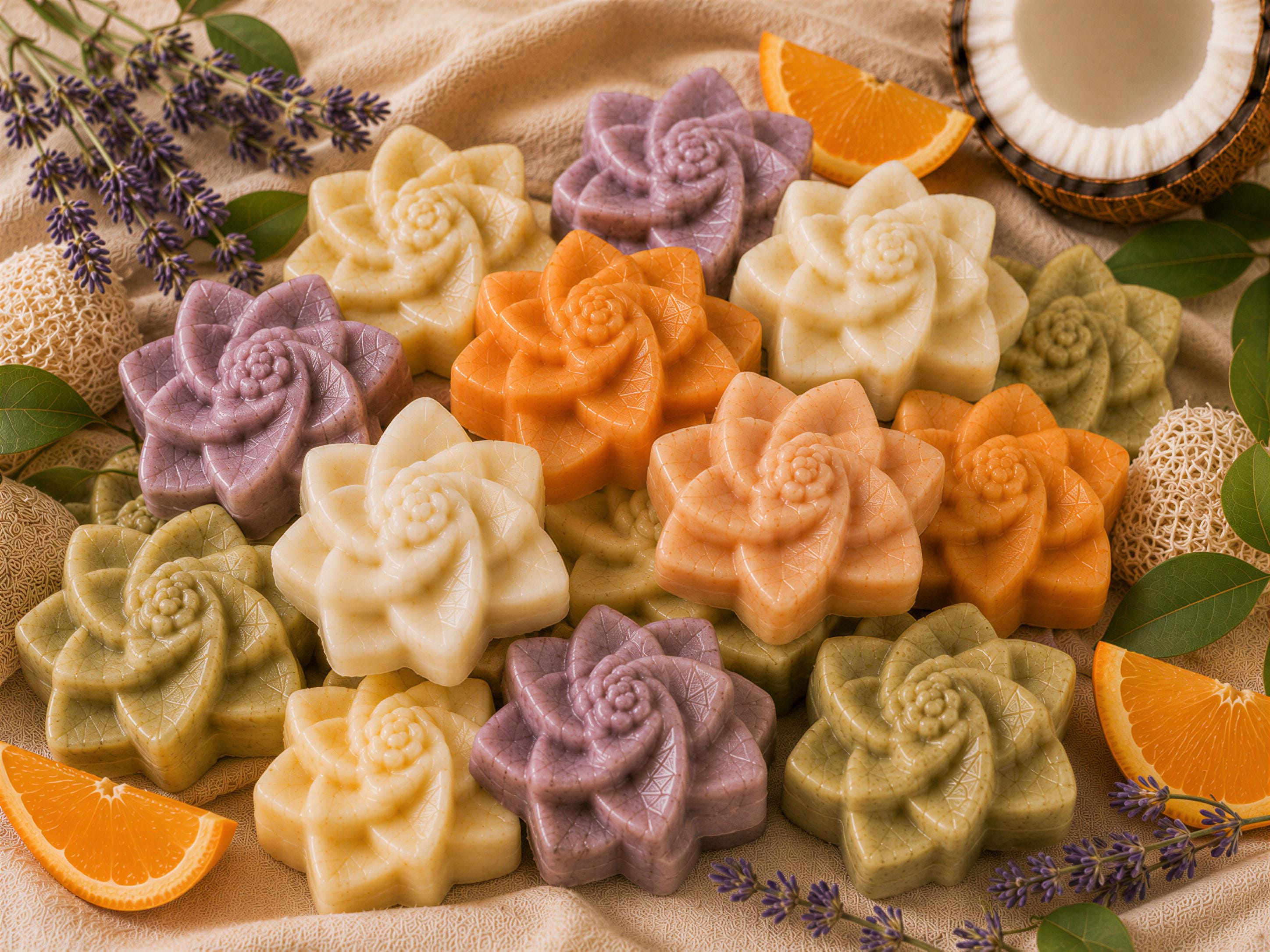 Flower Soap Gift Set of 6, Lavender Orange Rice Persimmon Coconut Green Tea, Guest Bathroom Soaps, Muslin Cloth & Soap Saver