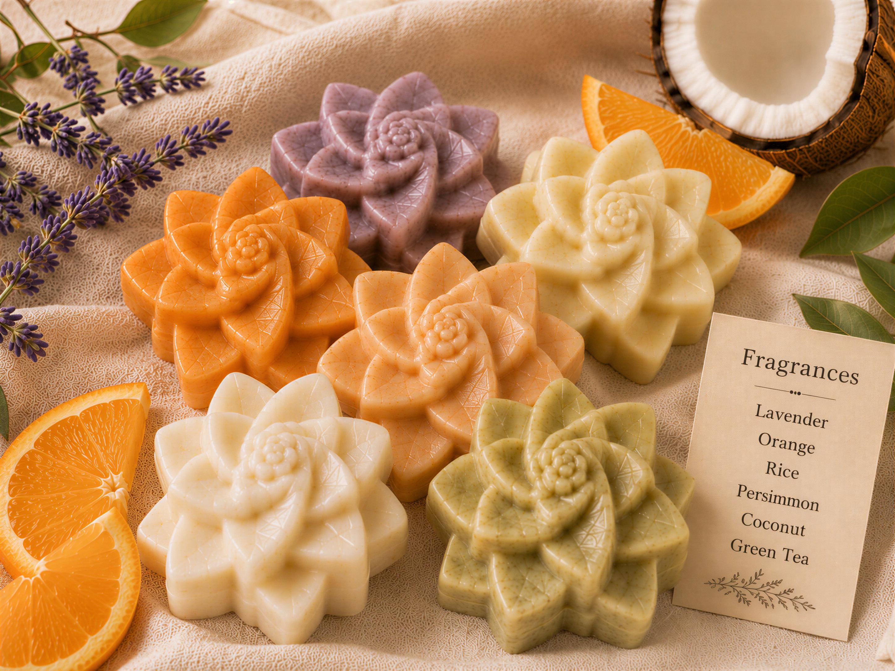 Flower Soap Gift Set of 6, Lavender Orange Rice Persimmon Coconut Green Tea, Guest Bathroom Soaps, Muslin Cloth & Soap Saver