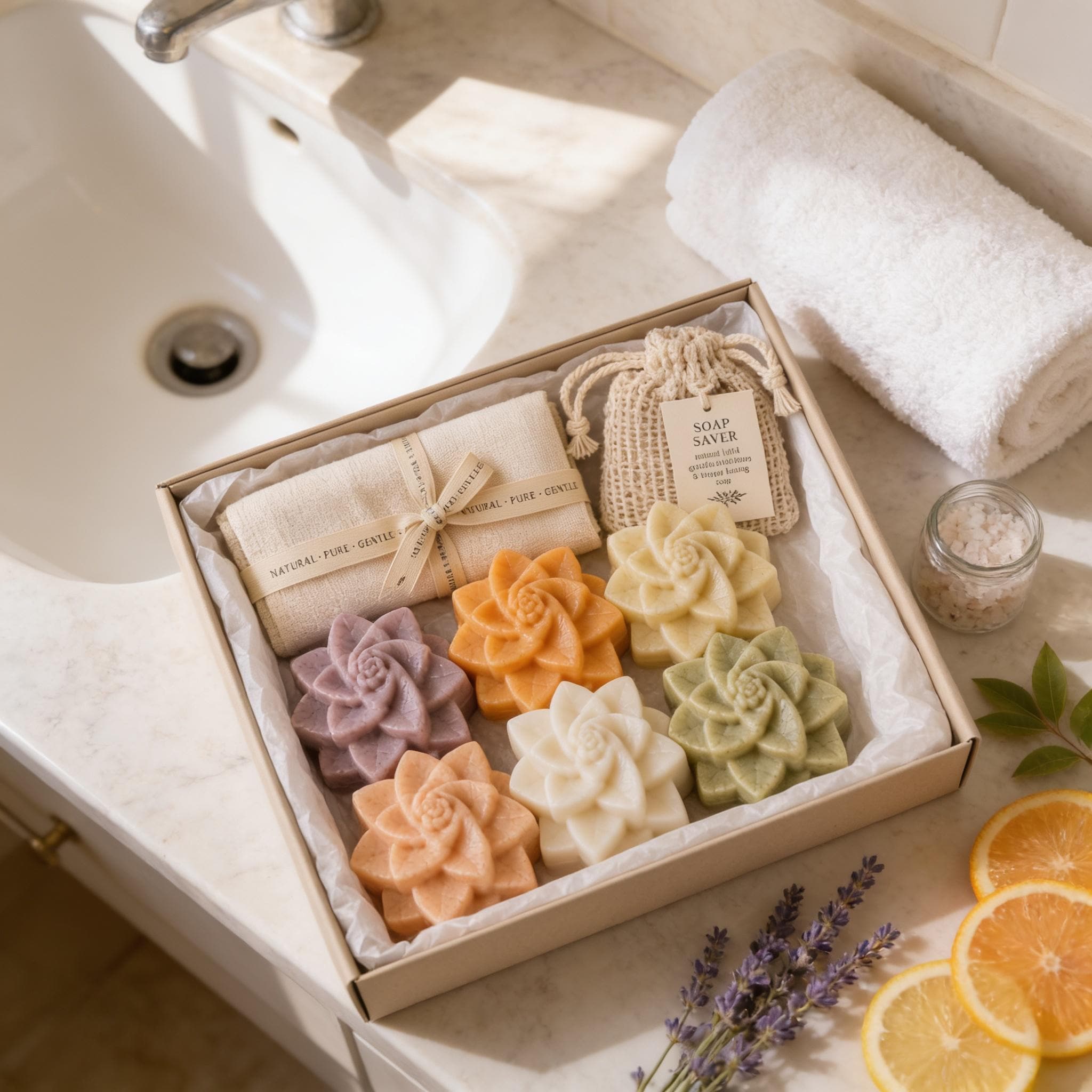 Flower Soap Gift Set of 6, Lavender Orange Rice Persimmon Coconut Green Tea, Guest Bathroom Soaps, Muslin Cloth & Soap Saver