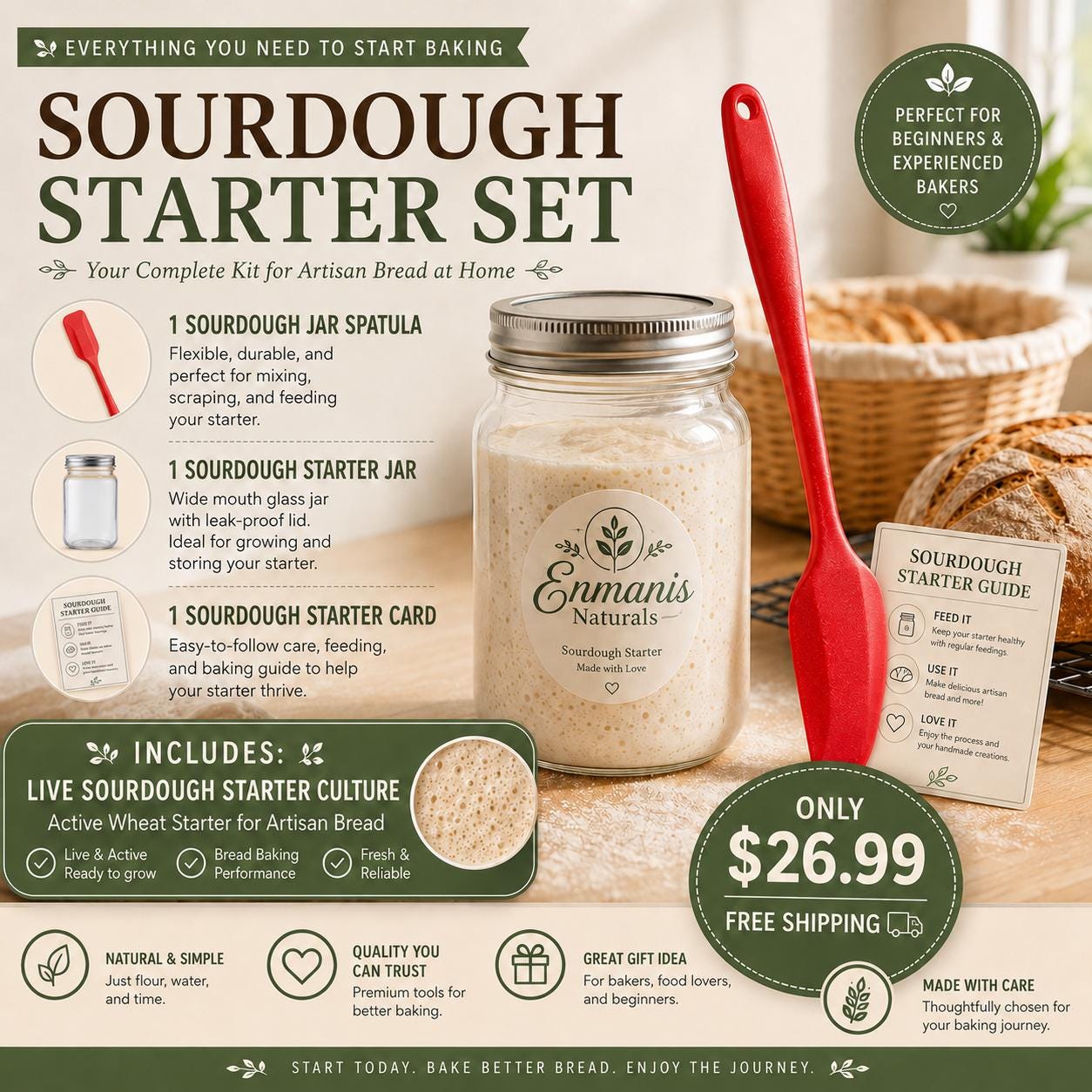Live Sourdough Starter Culture, Active Wheat Starter for Artisan Bread Set
