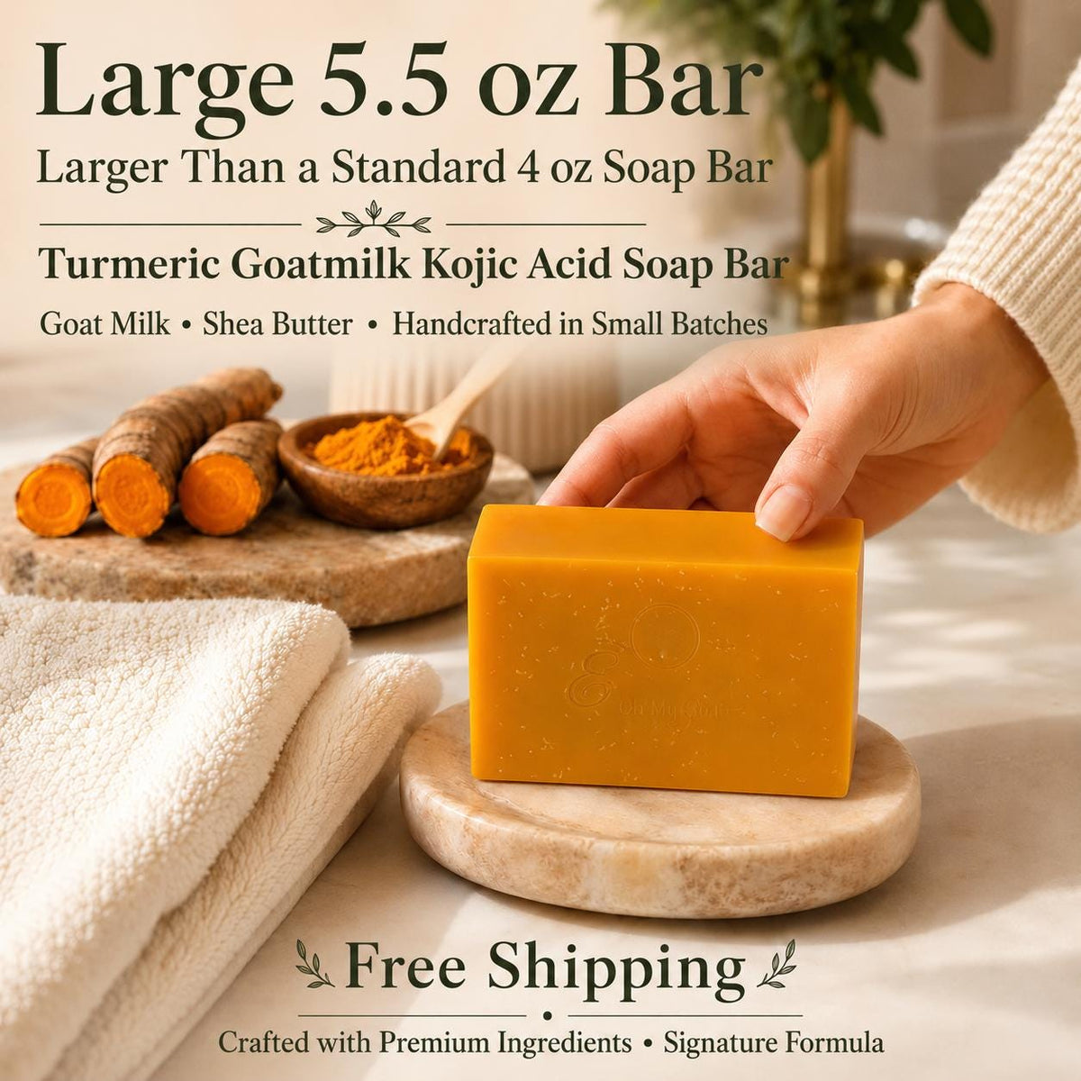 Handmade Turmeric Goat Milk Soap Bar, Shea Butter Brightening Cleanser (5.5 oz)