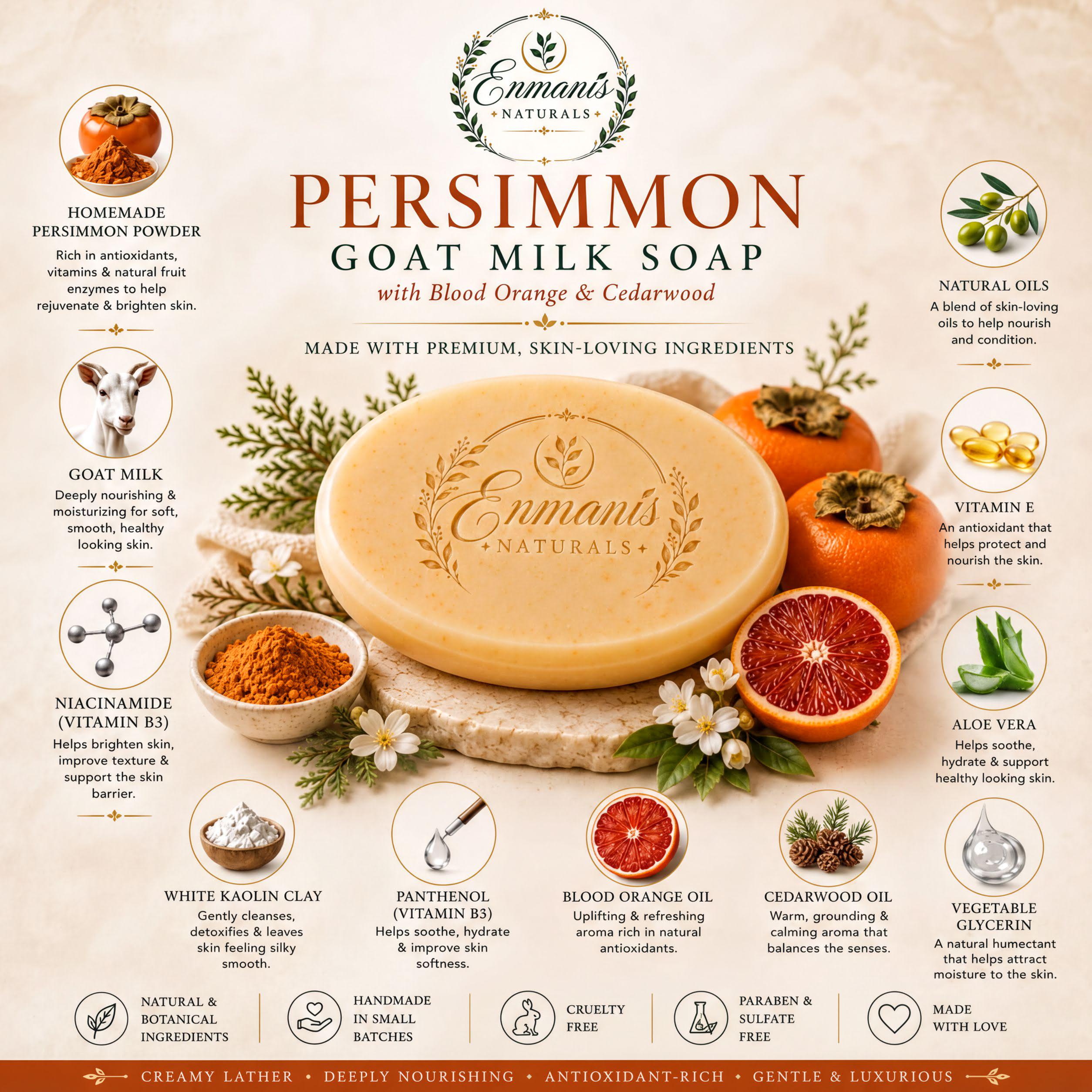 Persimmon Soap | Handmade Goat Milk Bar | Niacinamide Kaolin, Blood Orange Cedarwood | 5.5 Oz