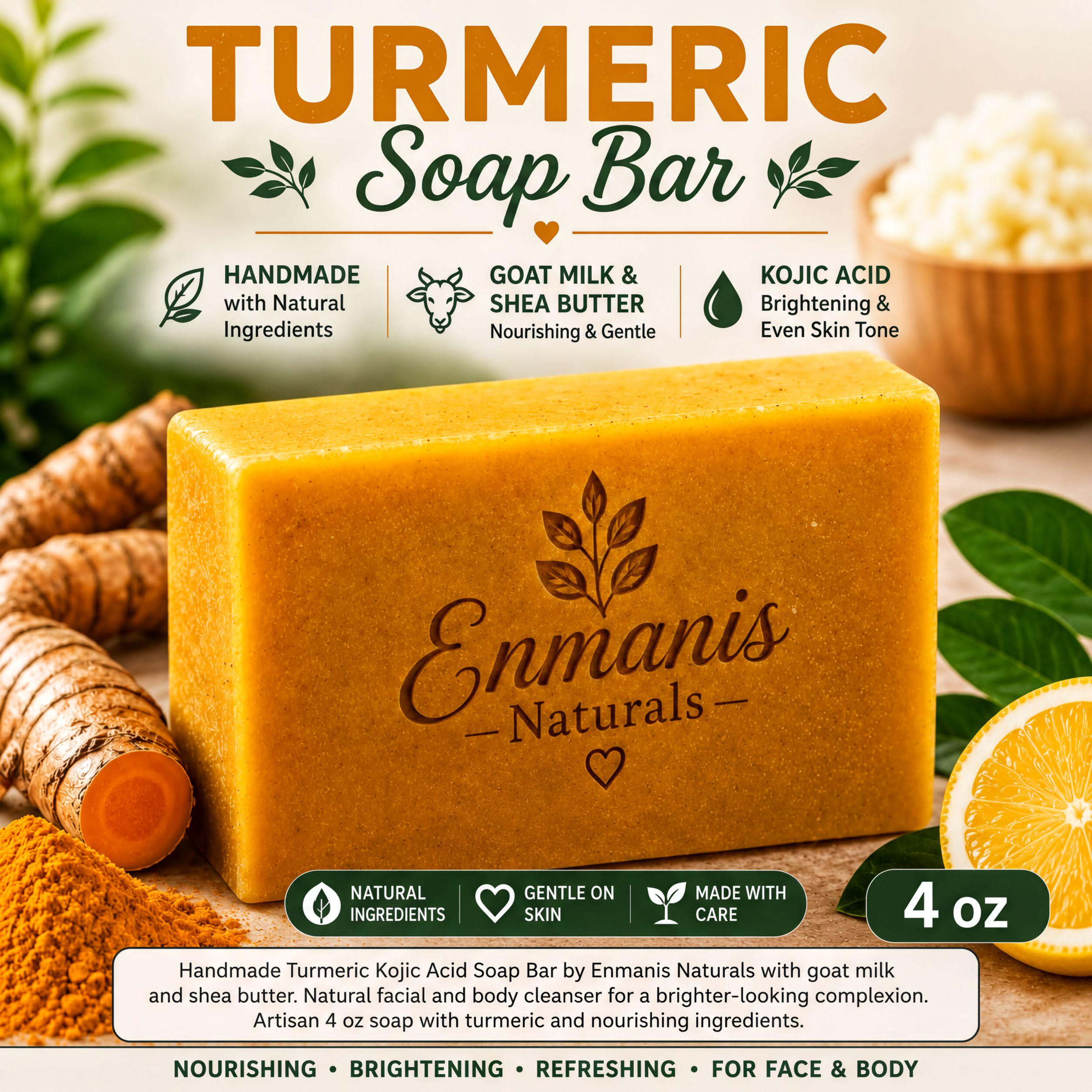 Handmade Turmeric Kojic Acid Soap Bars with Shea Butter, Face Body Cleanser