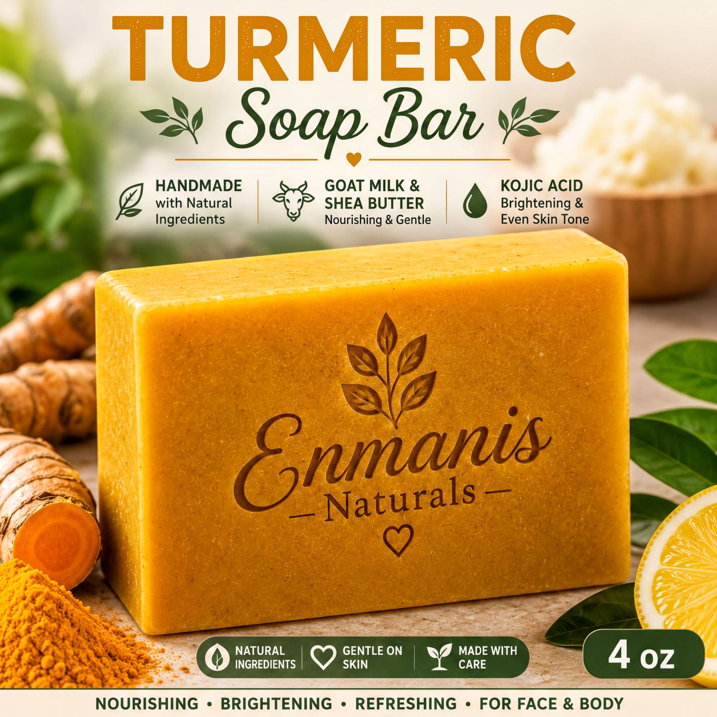 Handmade Turmeric Kojic Acid Soap Bars with Shea Butter, Face Body Cleanser