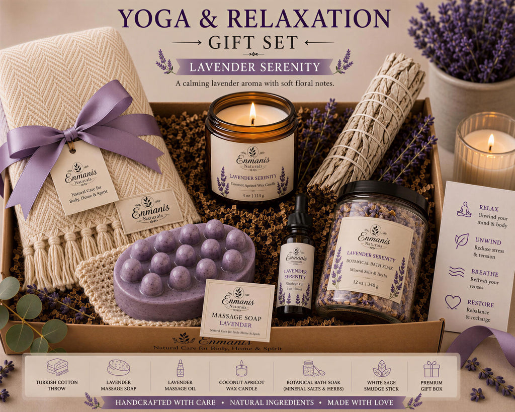 The image is a gift set featuring various items related to yoga and relaxation, including a lavender-scented candle, a lavender-scented soap, a lavender-scented bath sponge, and a lavender-scented massage oil. The items are arranged in a gift box, and the text on the items indicates that they are handmade with care and natural ingredients, and are meant to be used for relaxation and rejuvenation.