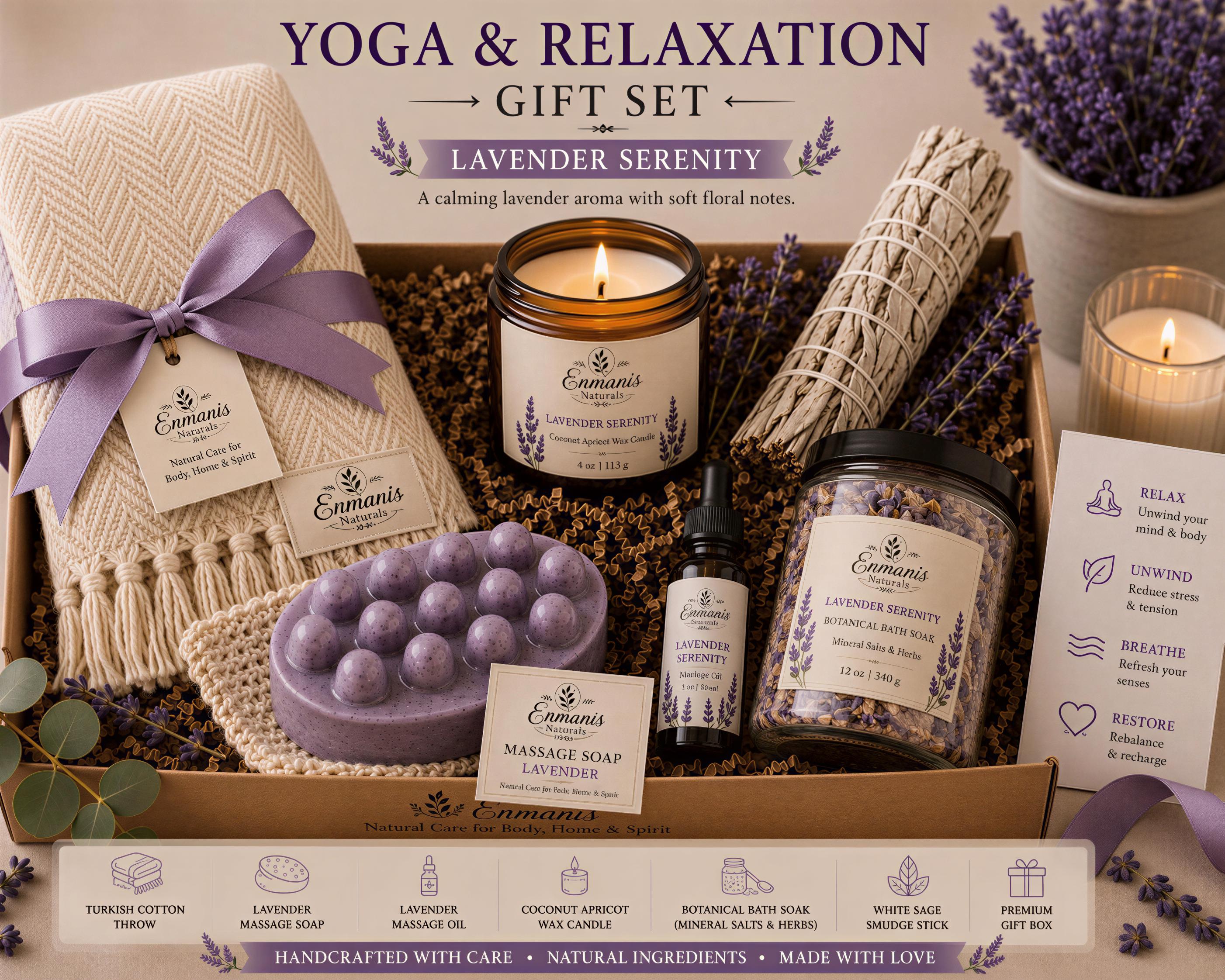 The image is a gift set featuring various items related to yoga and relaxation, including a lavender-scented candle, a lavender-scented soap, a lavender-scented bath sponge, and a lavender-scented massage oil. The items are arranged in a gift box, and the text on the items indicates that they are handmade with care and natural ingredients, and are meant to be used for relaxation and rejuvenation.