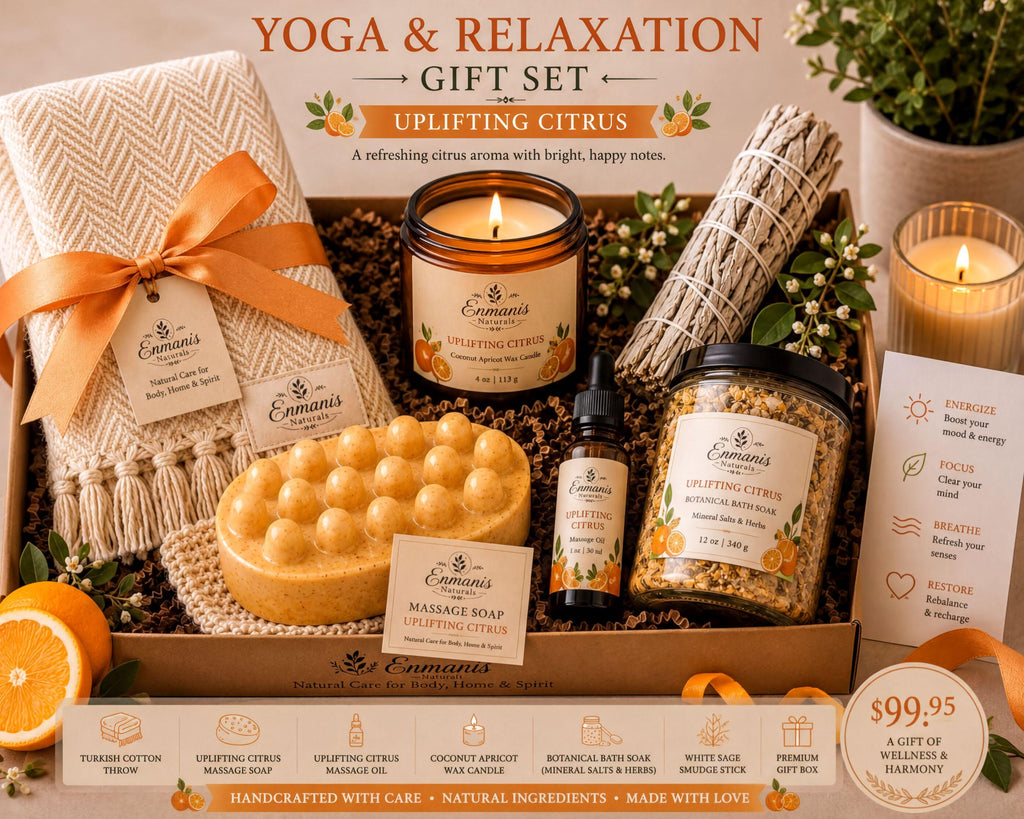 The image is an advertisement for a gift set that includes various items related to yoga and relaxation, such as candles, soaps, and other products.