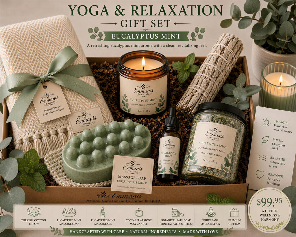 The image is an advertisement for a gift set that includes various items related to yoga and relaxation, such as candles, soaps, and other natural products.