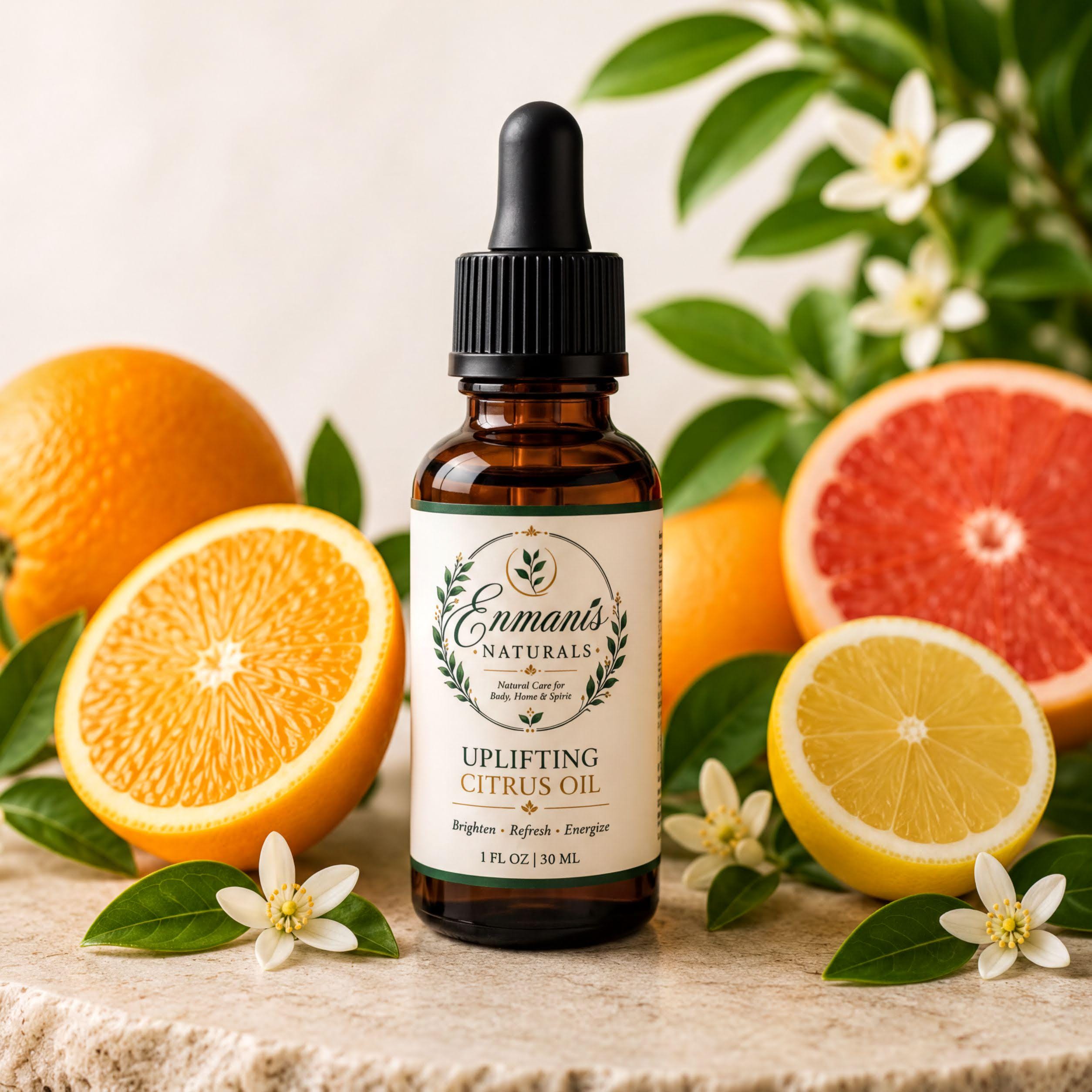 a bottle of "Uplifting Citrus Oil" surrounded by fresh citrus fruits and flowers, creating a vibrant and refreshing scene.