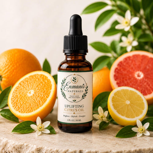 a bottle of "Uplifting Citrus Oil" surrounded by fresh citrus fruits and flowers, creating a vibrant and refreshing scene.