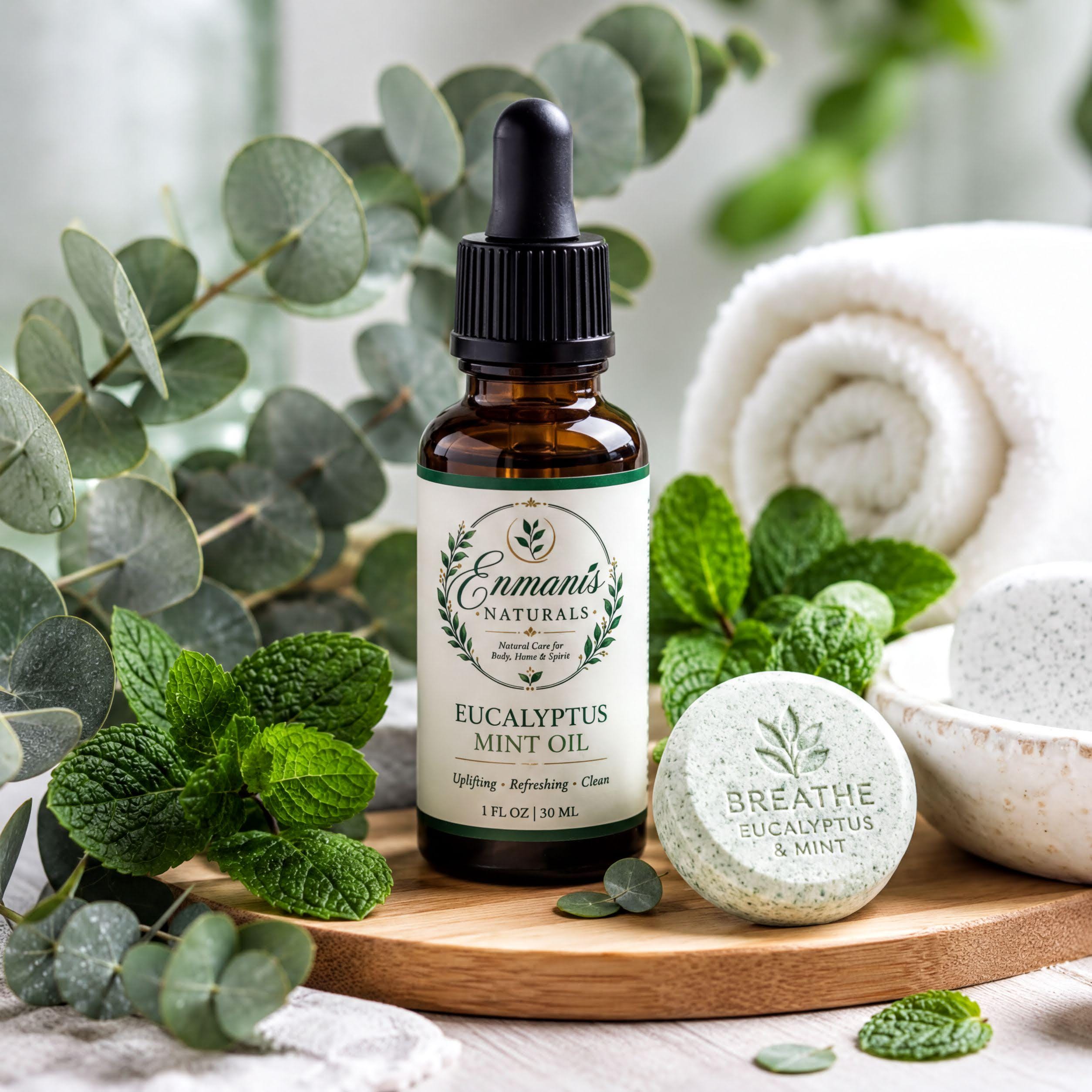 a bottle of Eucalyptus Mint Oil surrounded by various natural elements, including a rolled-up white towel, a wooden tray, and some mint leaves.
