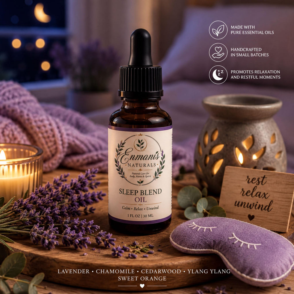 a bottle of "Emman's Natural Sleep Blend Oil" surrounded by various calming elements such as lavender, chamomile, cedarwood, and ylang ylang. The bottle is placed on a wooden surface, and there are decorative items like a candle, a wooden sign, and a purple eye mask nearby. The image also includes text that describes the oil as "made with pure essential oils", "handcrafted in small batches", and "promotes relaxation and restful moments".