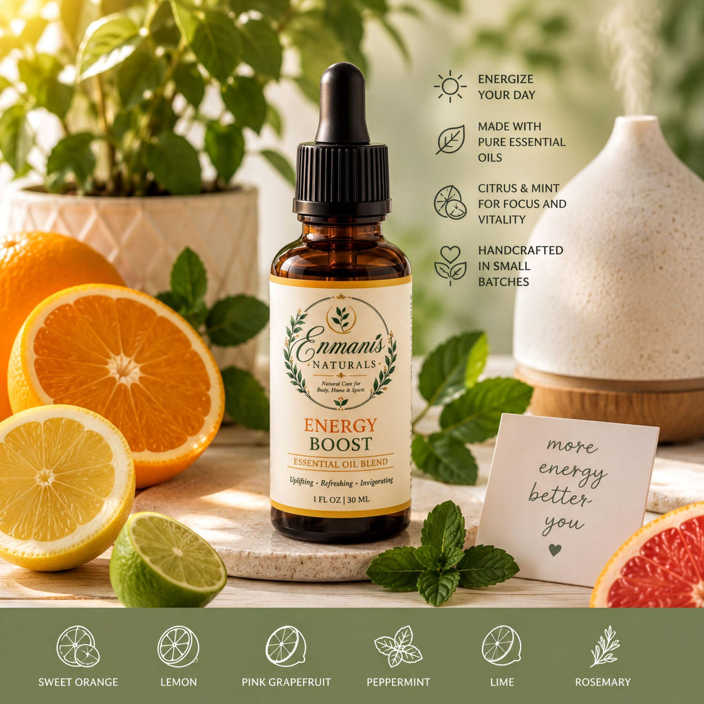 a bottle of "Emman's Natural Energy Boost Essential Oil Blend" surrounded by various citrus fruits, such as oranges, lemons, limes, and grapefruits, as well as some herbs and spices. The bottle is placed on a surface with a note that reads "more energy better you".