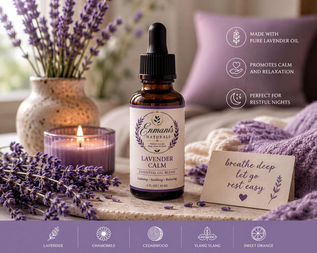 a bottle of lavender essential oil, a candle, and a note with a calming message, all set against a backdrop of purple flowers and a purple pillow.