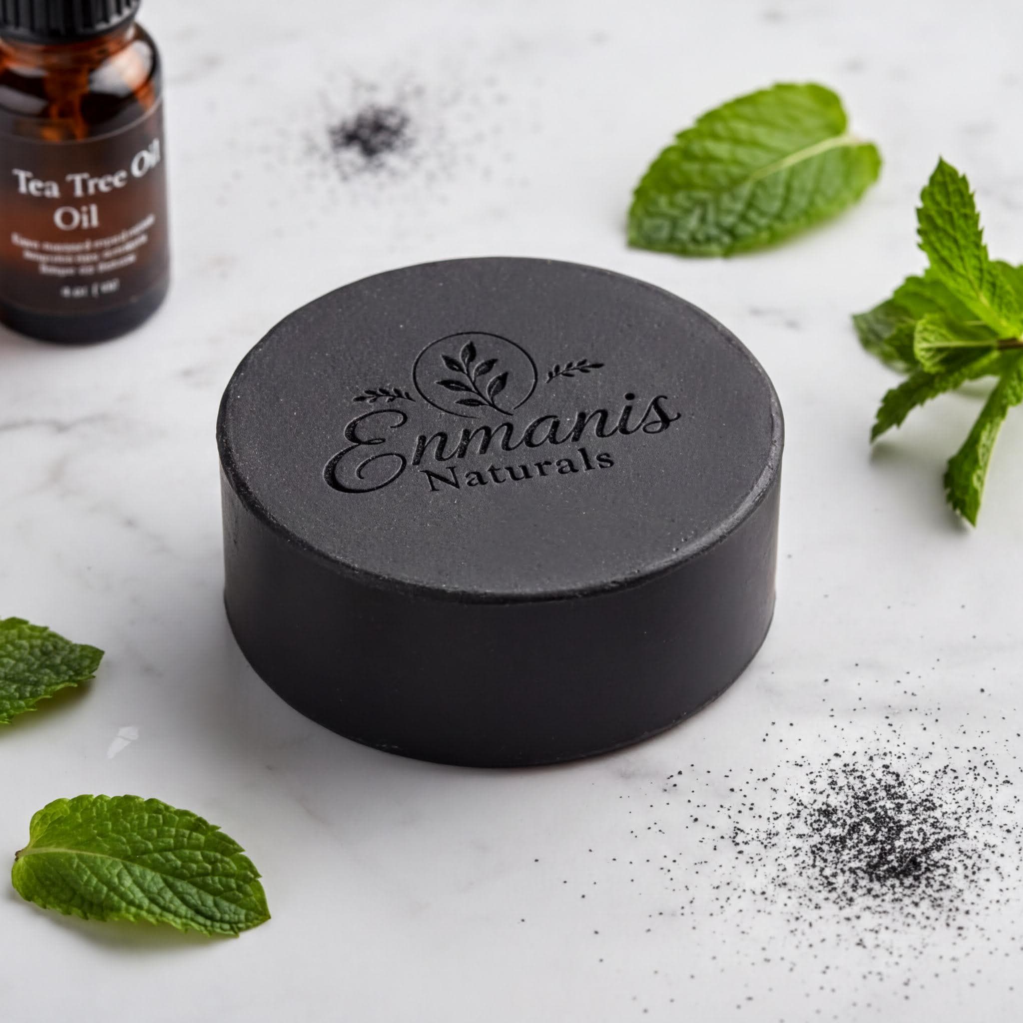 Activated Charcoal Soap, Goat Milk Base, Tea Tree Mint, Kaolin Clay, Round Bar