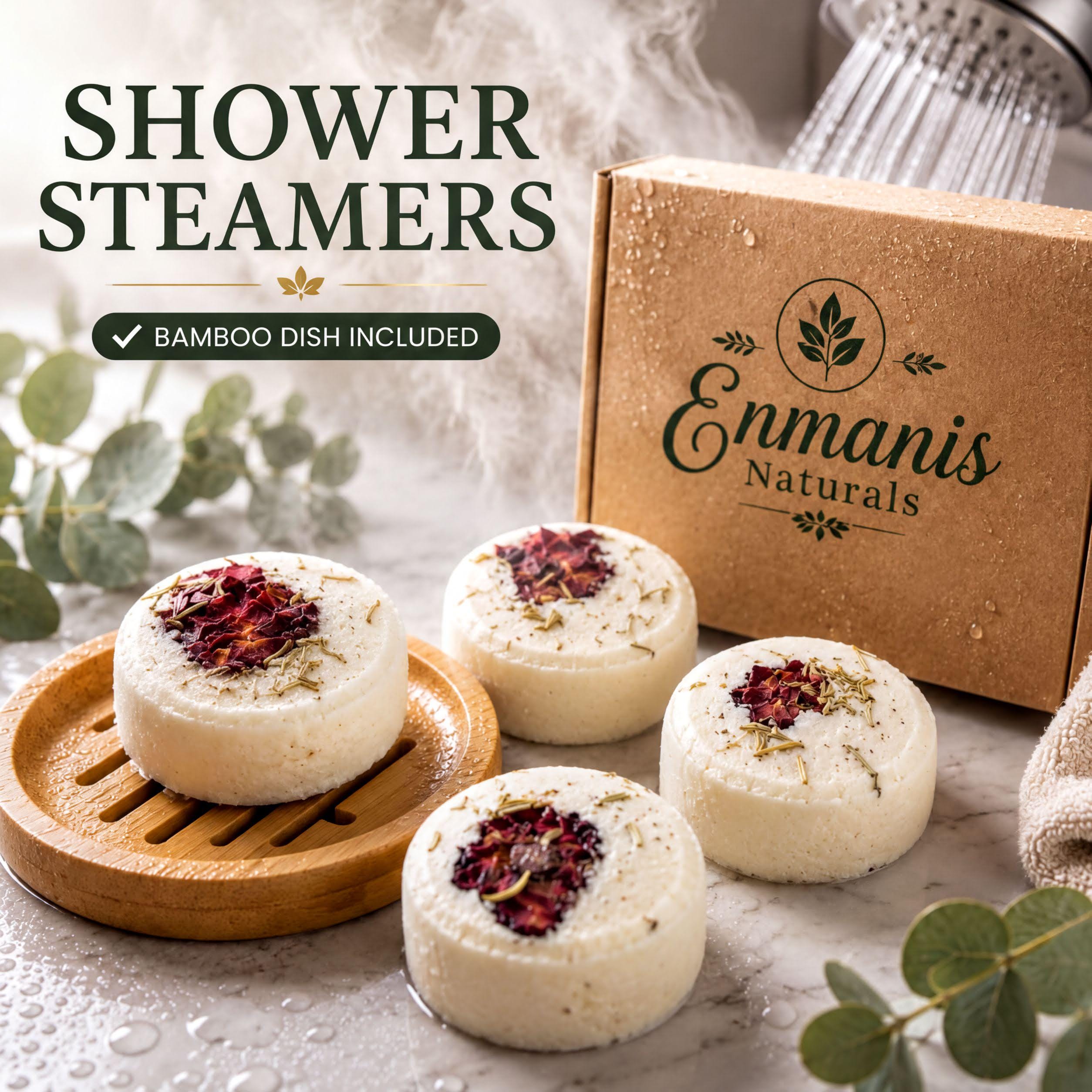 a set of four round bath bombs with various dried flower petals and herbs, placed on a wooden tray. The bath bombs are accompanied by a cardboard box labeled "Enmanis Naturals" and a shower head, suggesting that the bath bombs are part of a shower steamer product.