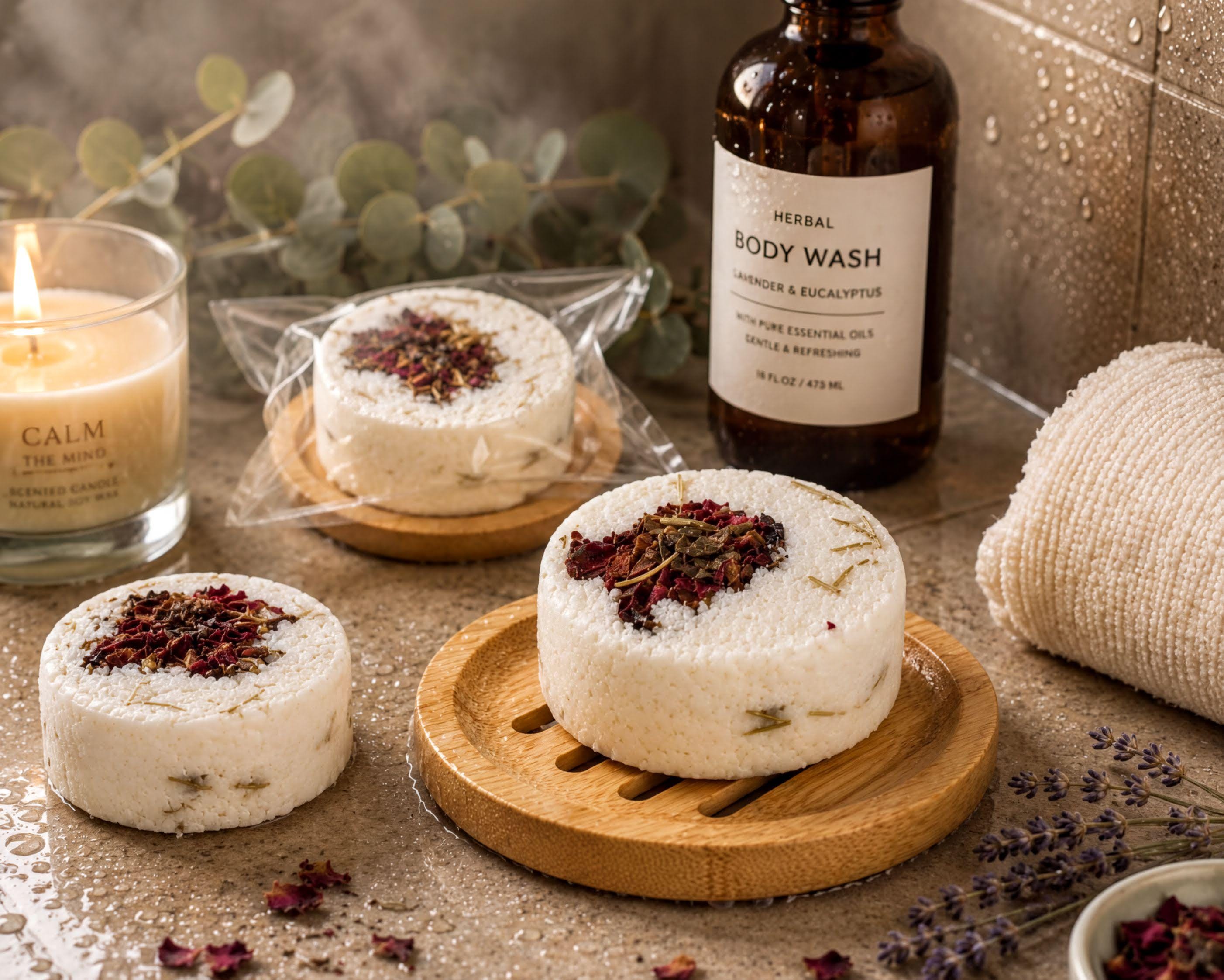 a collection of natural beauty products, including two round bath bombs with white and red accents, a bottle of herbal body wash, and a candle. The items are arranged on a wooden surface, with some water droplets visible.