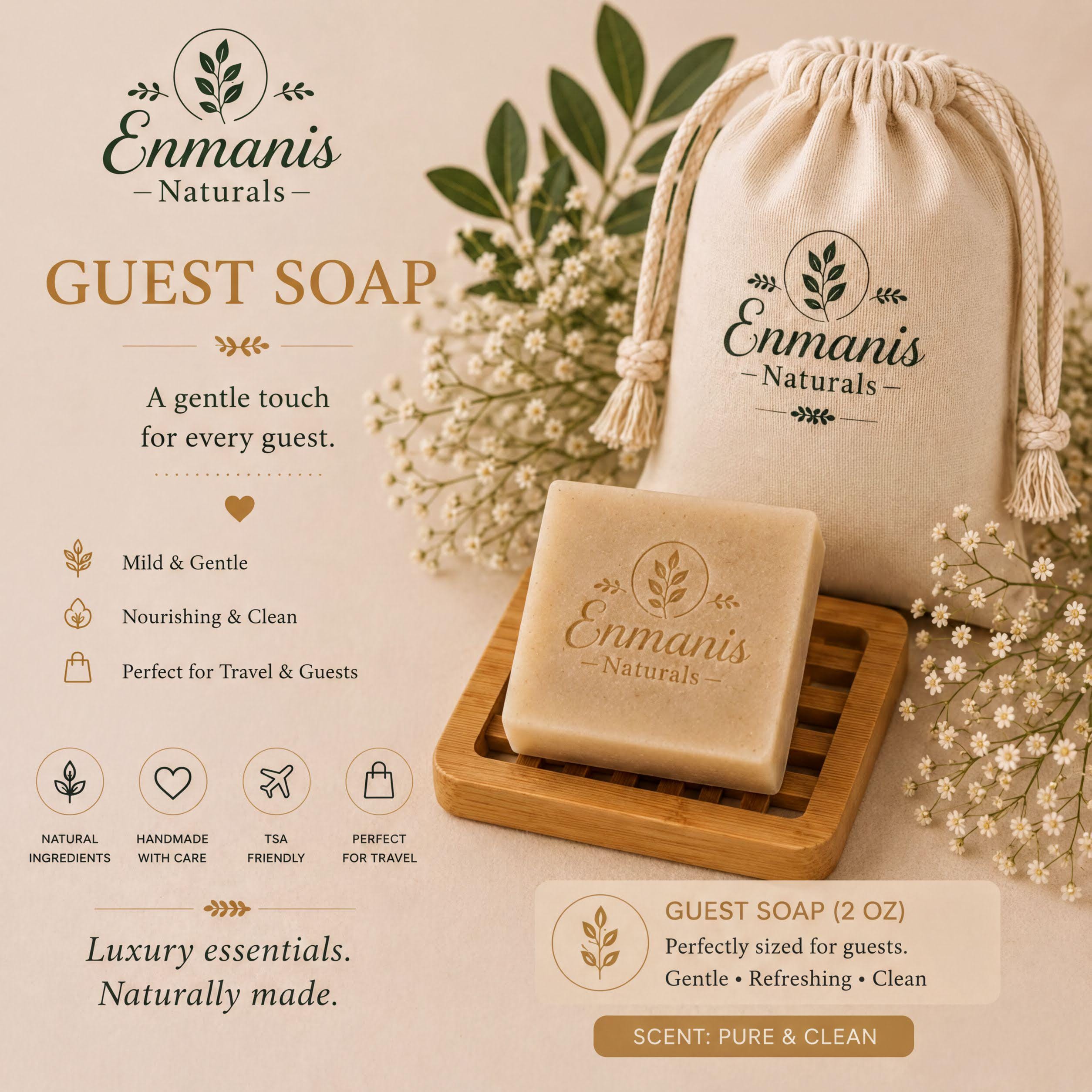The image is an advertisement for Enmanis Naturals guest soap. It features a wooden tray with a bar of soap, a white drawstring bag, and some greenery. The text highlights the soap as a gentle touch for every guest, a nourishing and clean product perfect for travel, and a luxury essential. The advertisement also mentions that the soap is perfectly sized for guests and is made with naturally made ingredients.