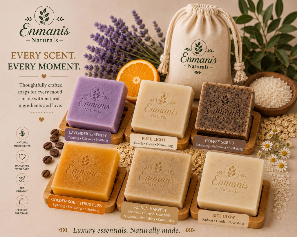The image showcases a collection of six Enmanis Naturals handmade soaps, each with a unique scent and purpose, arranged on a wooden tray. The soaps are labeled with their names and scents, such as "Lavender Serenity", "Pure Light", "Coffee Scrub", "Golden Harvest", "Rice Glow", and "Olive Oil". The image also includes a bag of rice, a bunch of lavender, and some coffee beans, creating a visually appealing and natural-themed display.