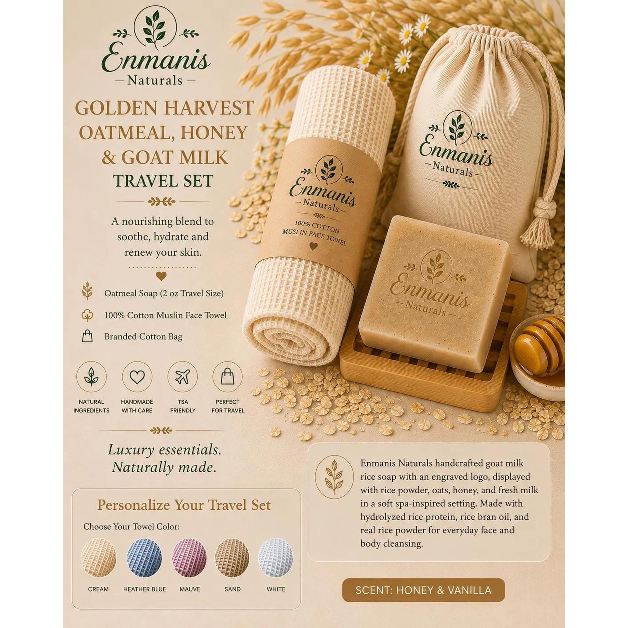 The image is an advertisement for a travel set from Enmanis Naturals, featuring various natural and luxury products such as a golden harvest oatmeal, honey, and goat milk soap, a cotton face towel, and a travel bag.