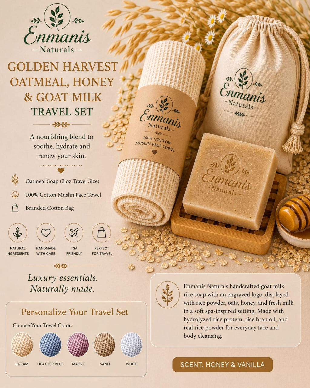 The image is an advertisement for a travel set from Enmanis Naturals, featuring various natural and luxury products such as a golden harvest oatmeal, honey, and goat milk soap, a travel towel, and a travel bag.