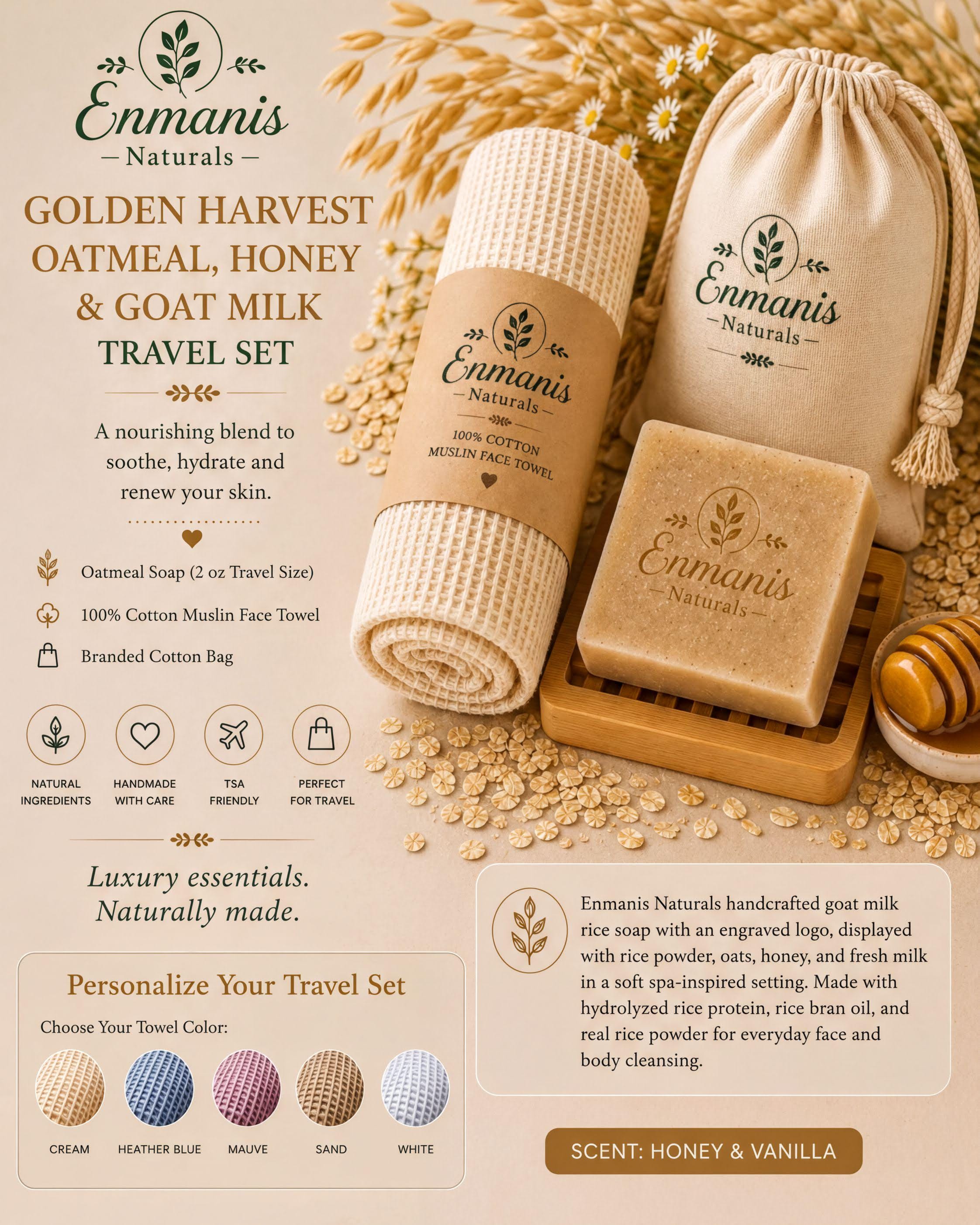 The image is an advertisement for a travel set from Enmanis Naturals, featuring various natural and luxury products such as a golden harvest oatmeal, honey, and goat milk soap, a travel towel, and a travel bag.