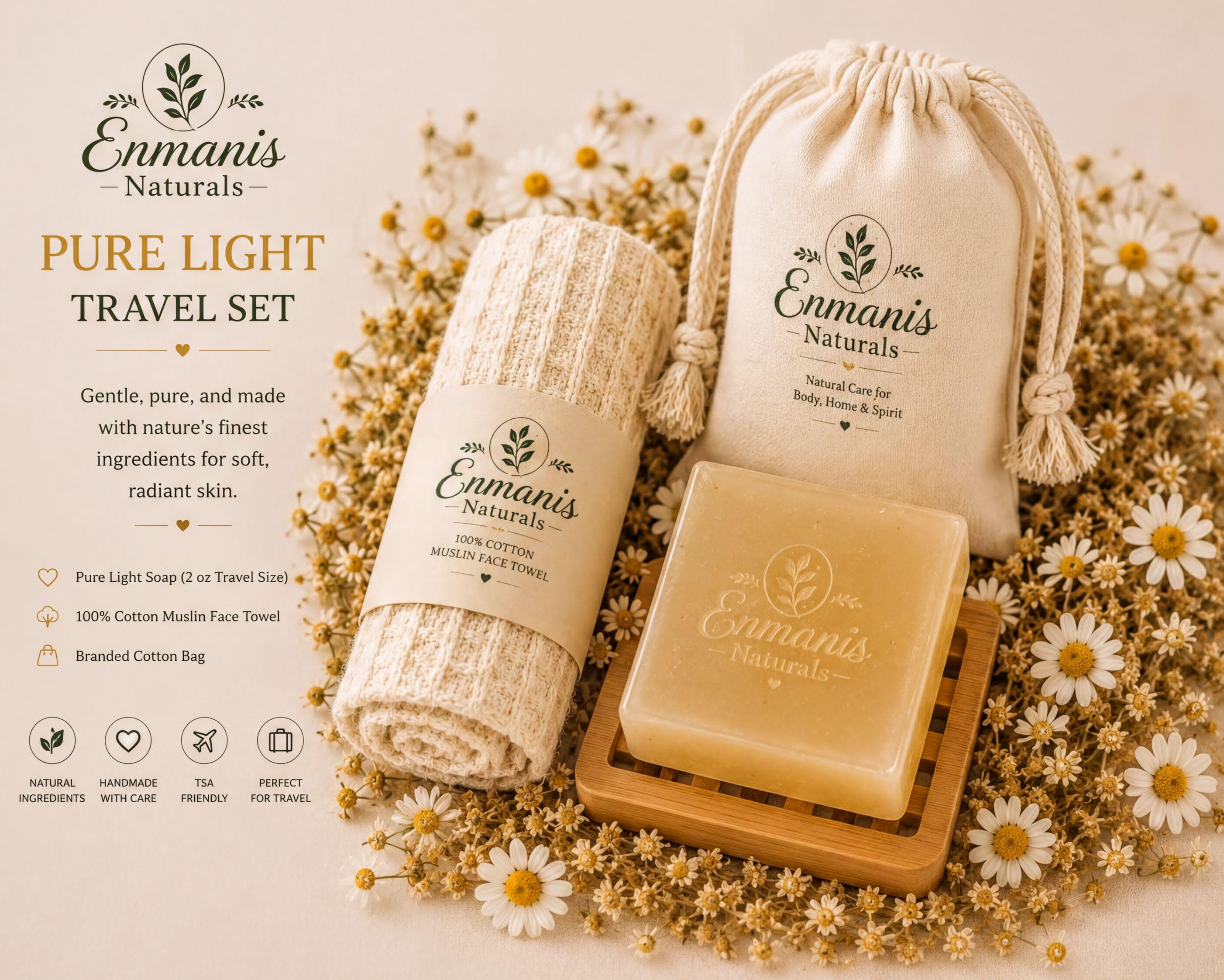 a set of natural beauty products from Enmanis Naturals, including a travel set, a travel bag, and a bar of soap, all surrounded by a floral arrangement.