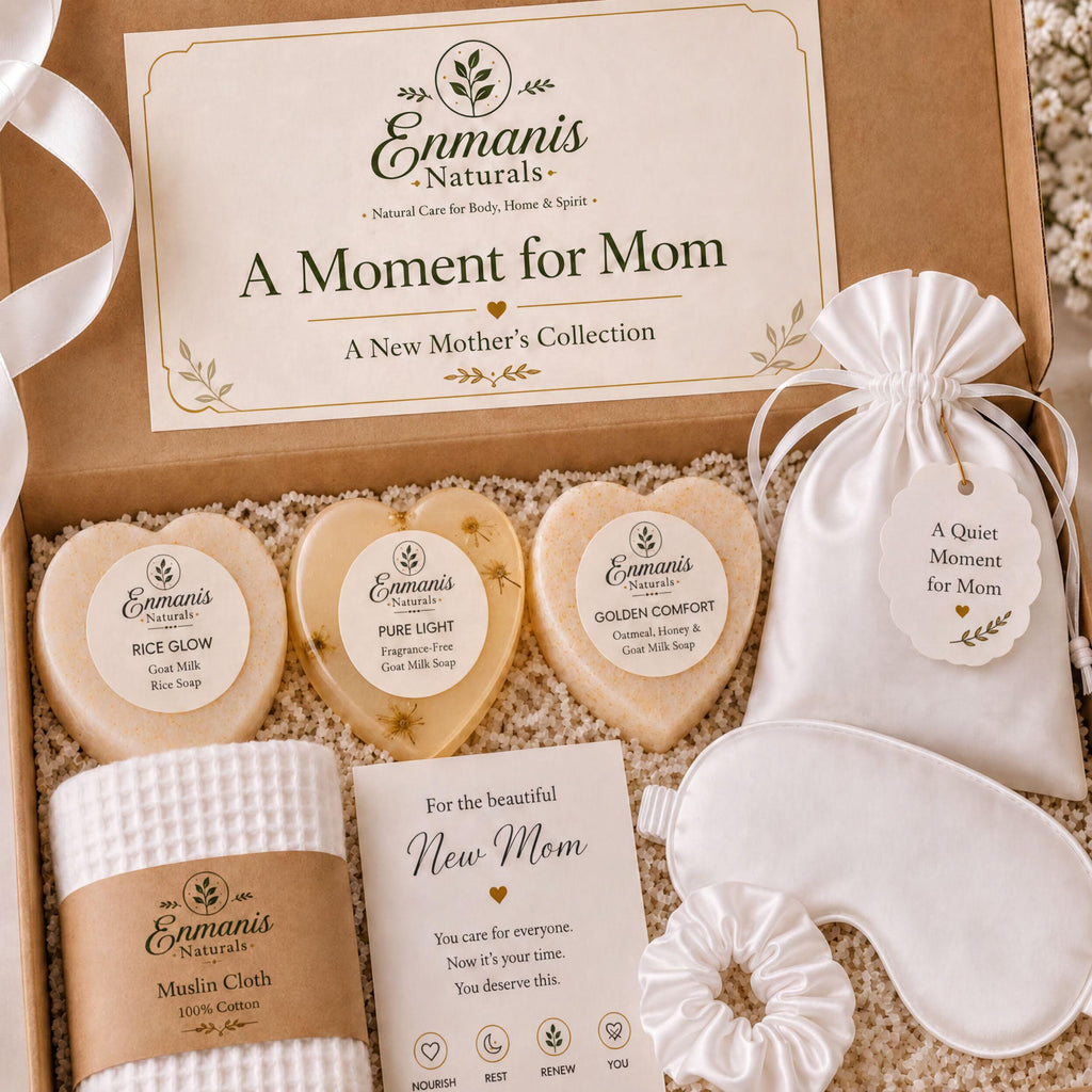 New Mom Self Care Gift Box | Postpartum Spa Set Heart Soaps, Eye Mask, Scrunchie, Muslin Cloth