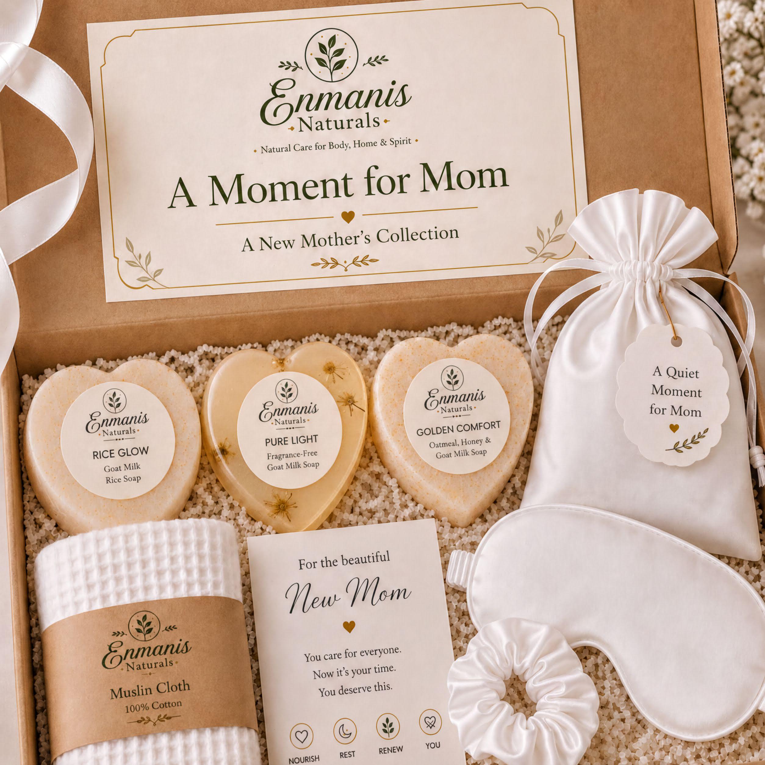 New Mom Self Care Gift Box | Heart Soaps, Eye Mask, Scrunchie, Muslin Cloth
