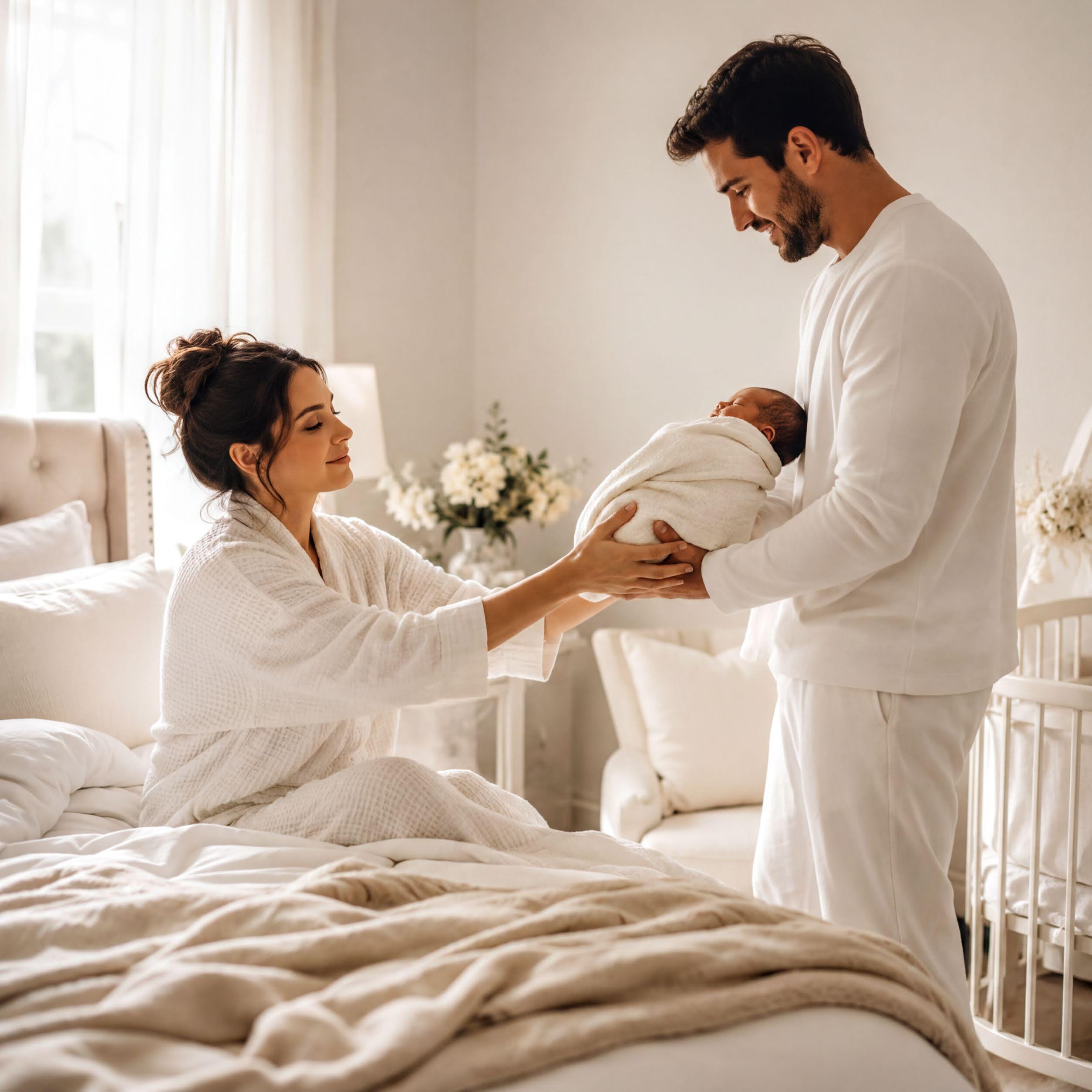 A couple in white robes tenderly holds a newborn baby in a cozy, well-lit bedroom.
