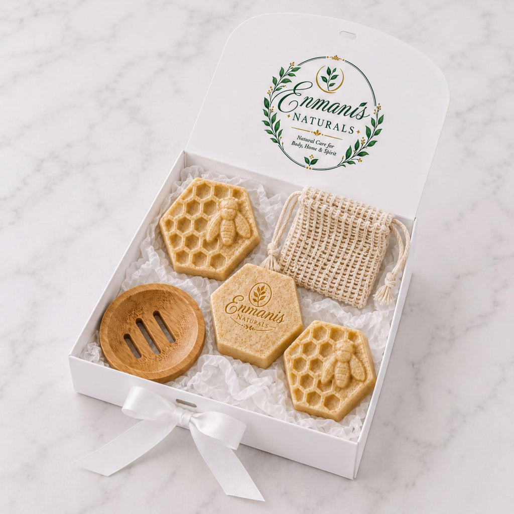 Oatmeal Honey Goat Milk Soap, Honeycomb Bee Trio Set Of 3 | Bamboo Dish | Personalized Gift Box