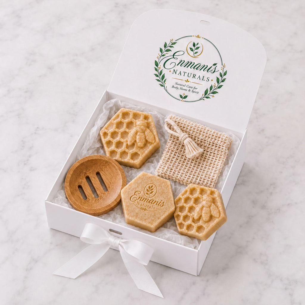 Oatmeal Honey Goat Milk Soap, Honeycomb Bee Trio Set Of 3 | Bamboo Dish | Personalized Gift Box