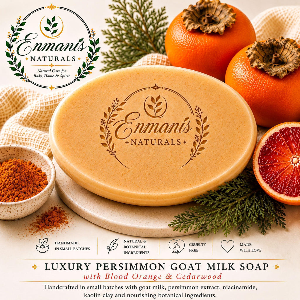 The image is an advertisement for Enmans Naturals, featuring a bar of luxury Per SIMMON Goat Milk Soap surrounded by fresh oranges and a sprig of greenery.