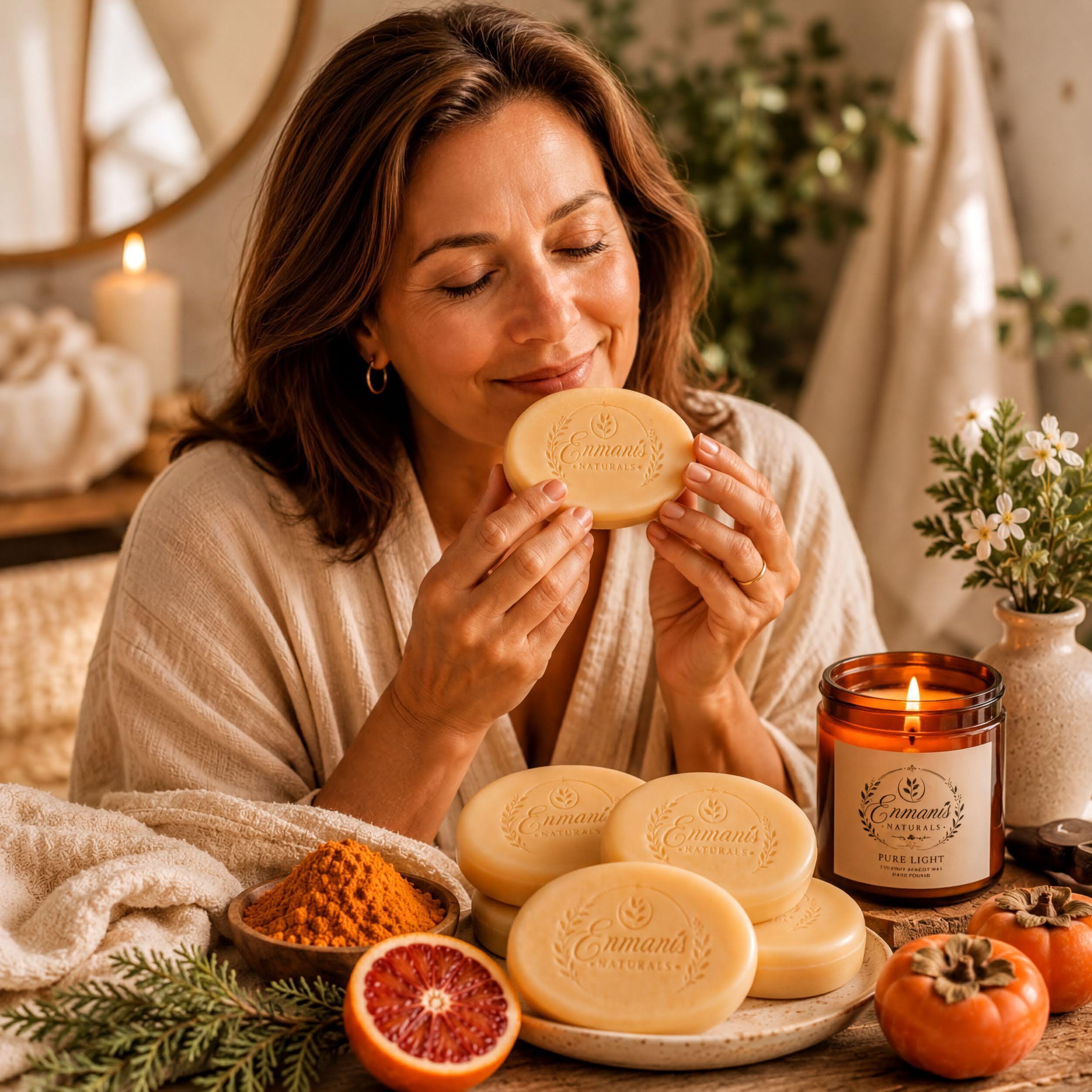 A woman in a beige robe is holding a bar of soap and smelling it, surrounded by various natural ingredients and a candle on a table.
