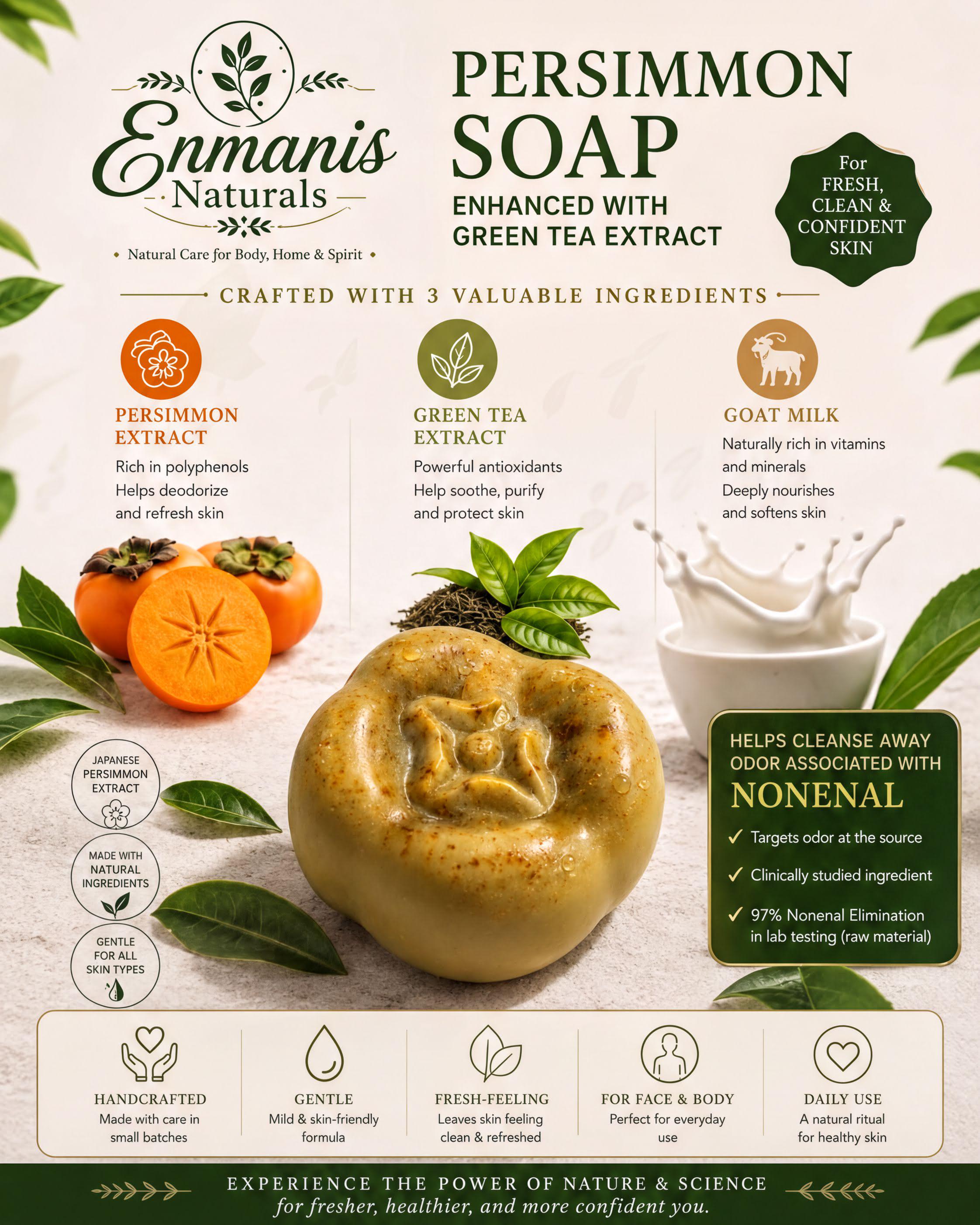 Persimmon Soap for Nonenal-Related Odor, Goat Milk Bar with Green Tea Extract, Niacinamide & Kaolin, 4 oz each, Set of 3