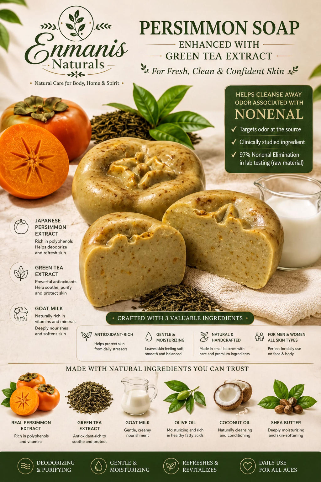 Persimmon Soap for Nonenal-Related Odor, Goat Milk Bar with Green Tea Extract, Niacinamide & Kaolin, 4 oz