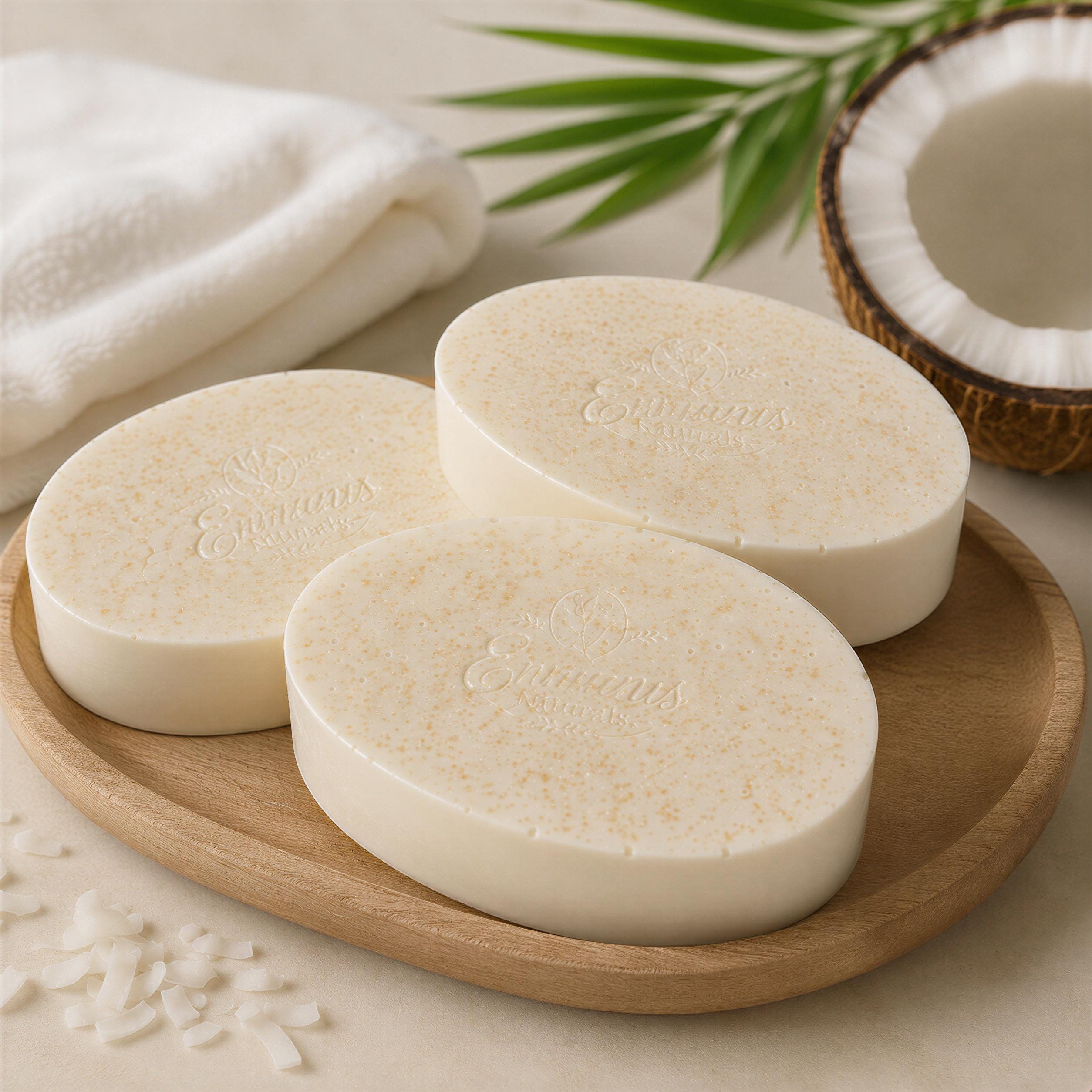 Handcrafted Coconut Bar Soap Set of 3, Natural Glycerin Cleanser, Bamboo Dish