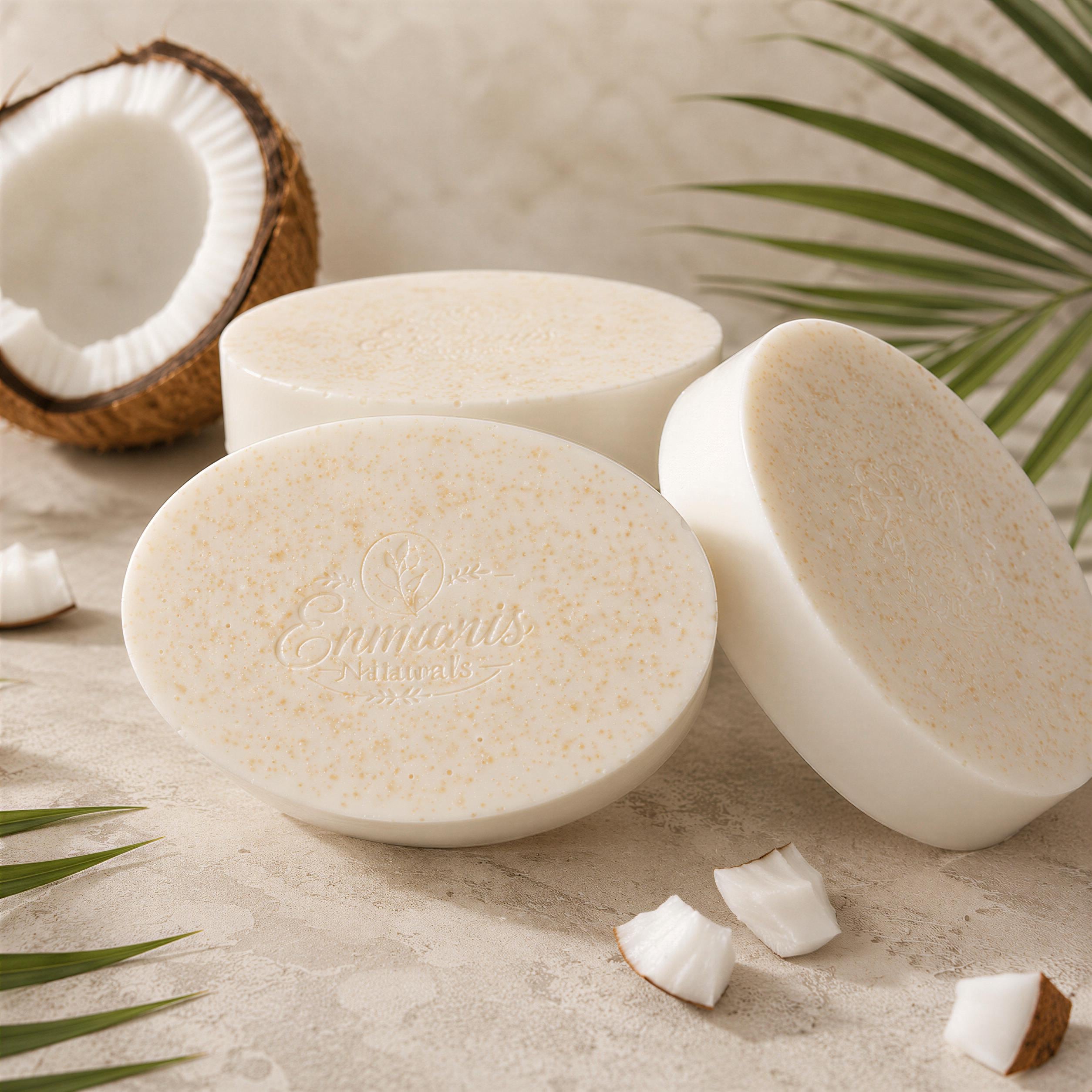 Handcrafted Coconut Bar Soap Set of 3, Natural Glycerin Cleanser, Bamboo Dish
