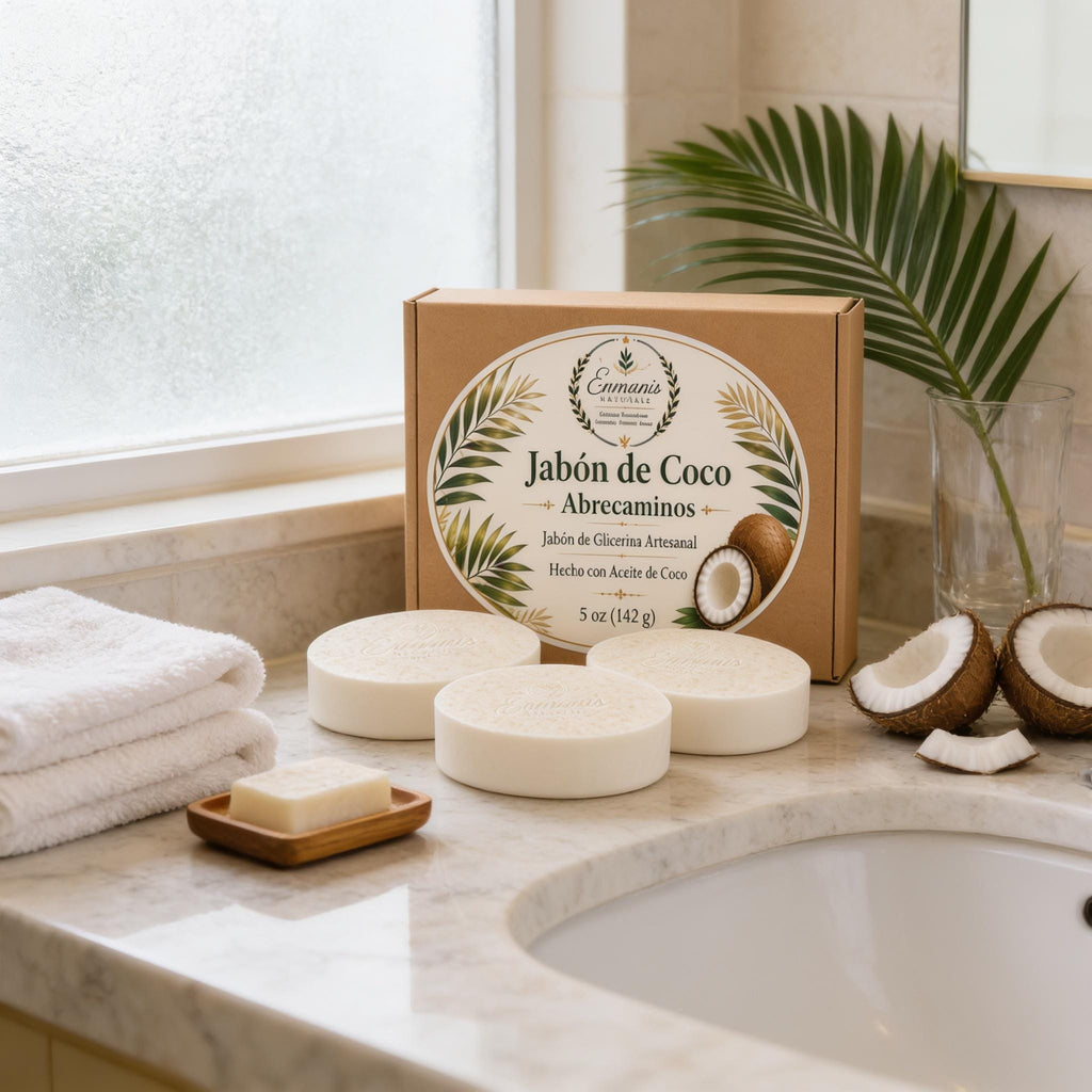 Handcrafted Coconut Bar Soap Set of 3, Natural Glycerin Cleanser, Bamboo Dish