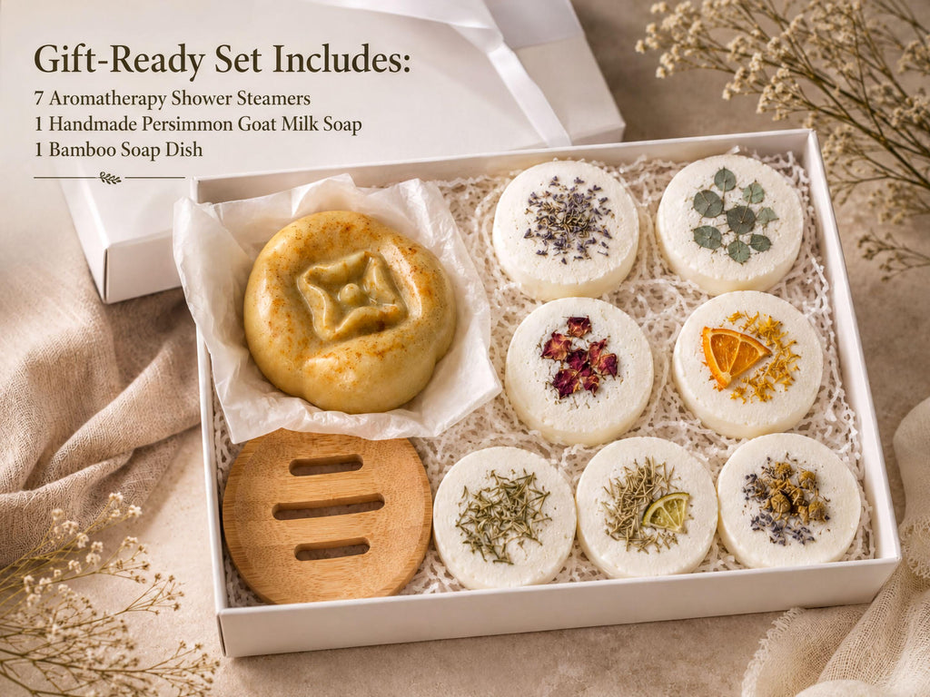 7 Shower Steamers Gift Set with Persimmon Goat Milk Soap & Bamboo Dish | Aromatherapy Spa