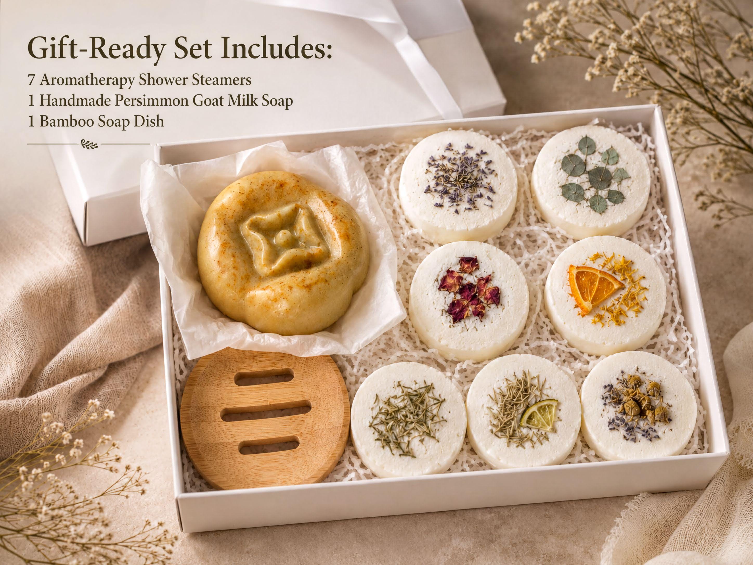 7 Shower Steamers Gift Set with Persimmon Goat Milk Soap & Bamboo Dish | Aromatherapy Spa