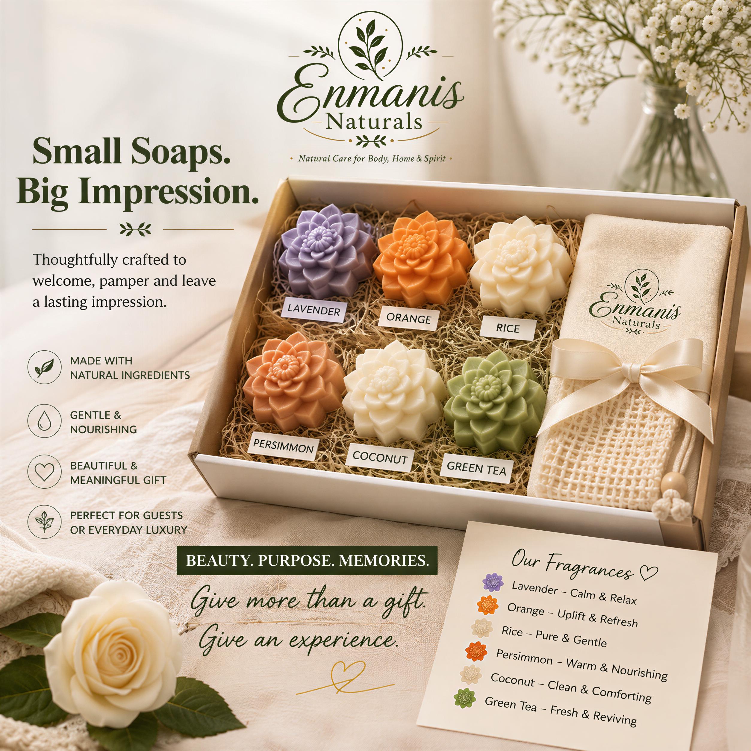 Flower Soap Gift Set of 6, Lavender Orange Rice Persimmon Coconut Green Tea, Guest Bathroom Soaps, Muslin Cloth & Soap Saver